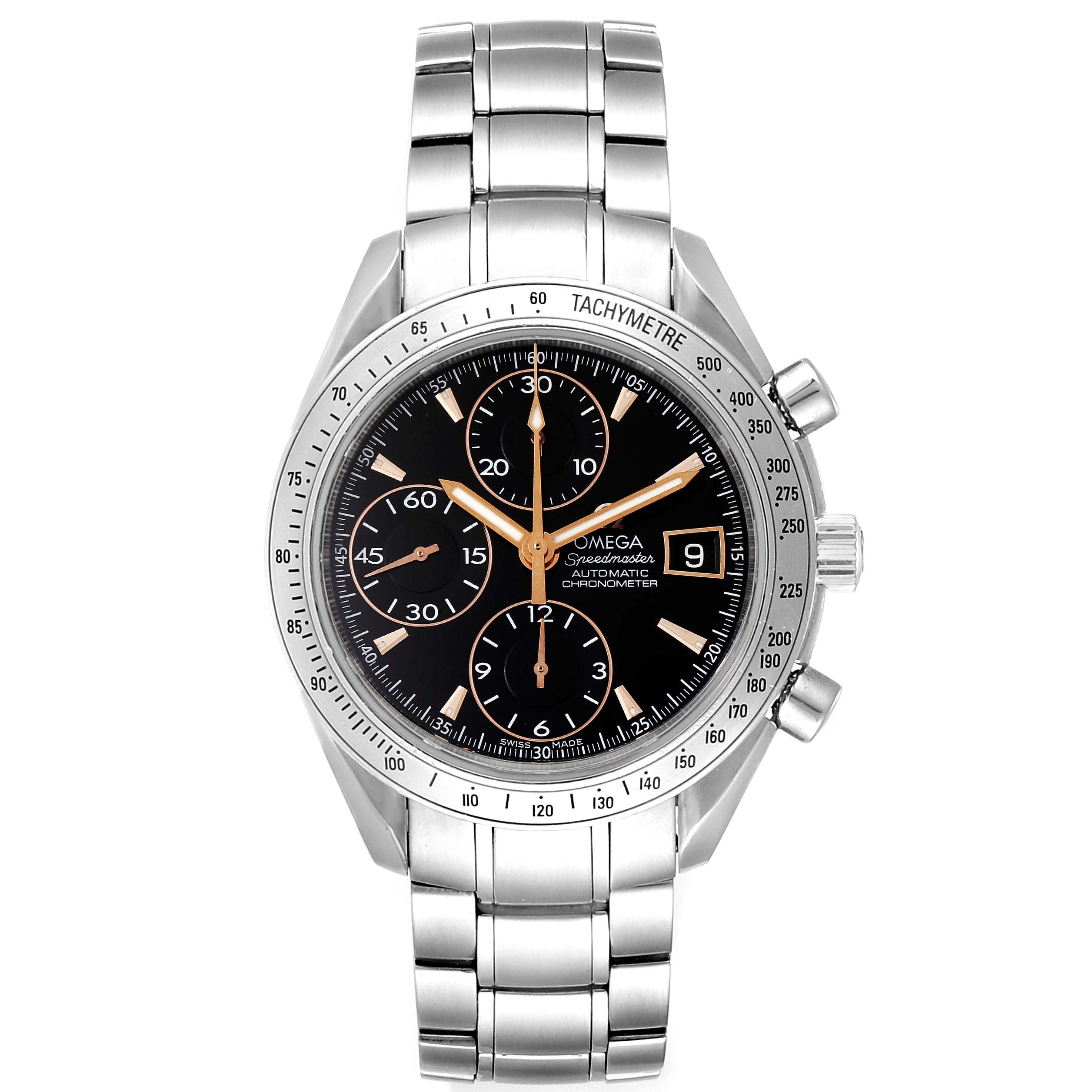 The image shows a front view of an Omega Speedmaster 3211.50.00 Men's Stainless Steel Black Dial 3211.50.00 Men's Stainless Steel Black Dial watch with a stainless steel bracelet and black dial.