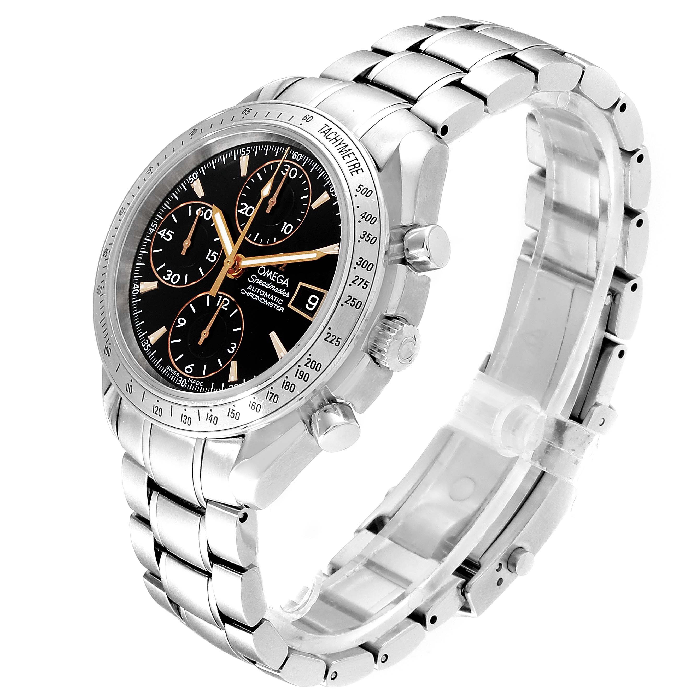 This image shows an Omega Speedmaster 3211.50.00 Men's Stainless Steel Black Dial 3211.50.00 Men's Stainless Steel Black Dial watch at an angled view highlighting the face, bezel, pushers, and band.