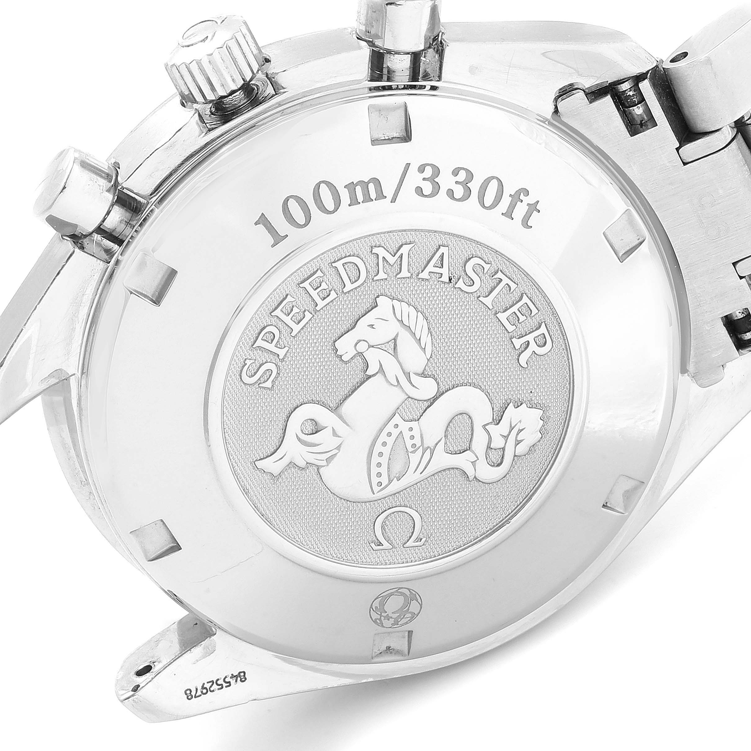 The image shows the case back of the Omega Speedmaster 3211.50.00 Men's Stainless Steel Black Dial 3211.50.00 Men's Stainless Steel Black Dial watch, emphasizing its engraving and water resistance rating.