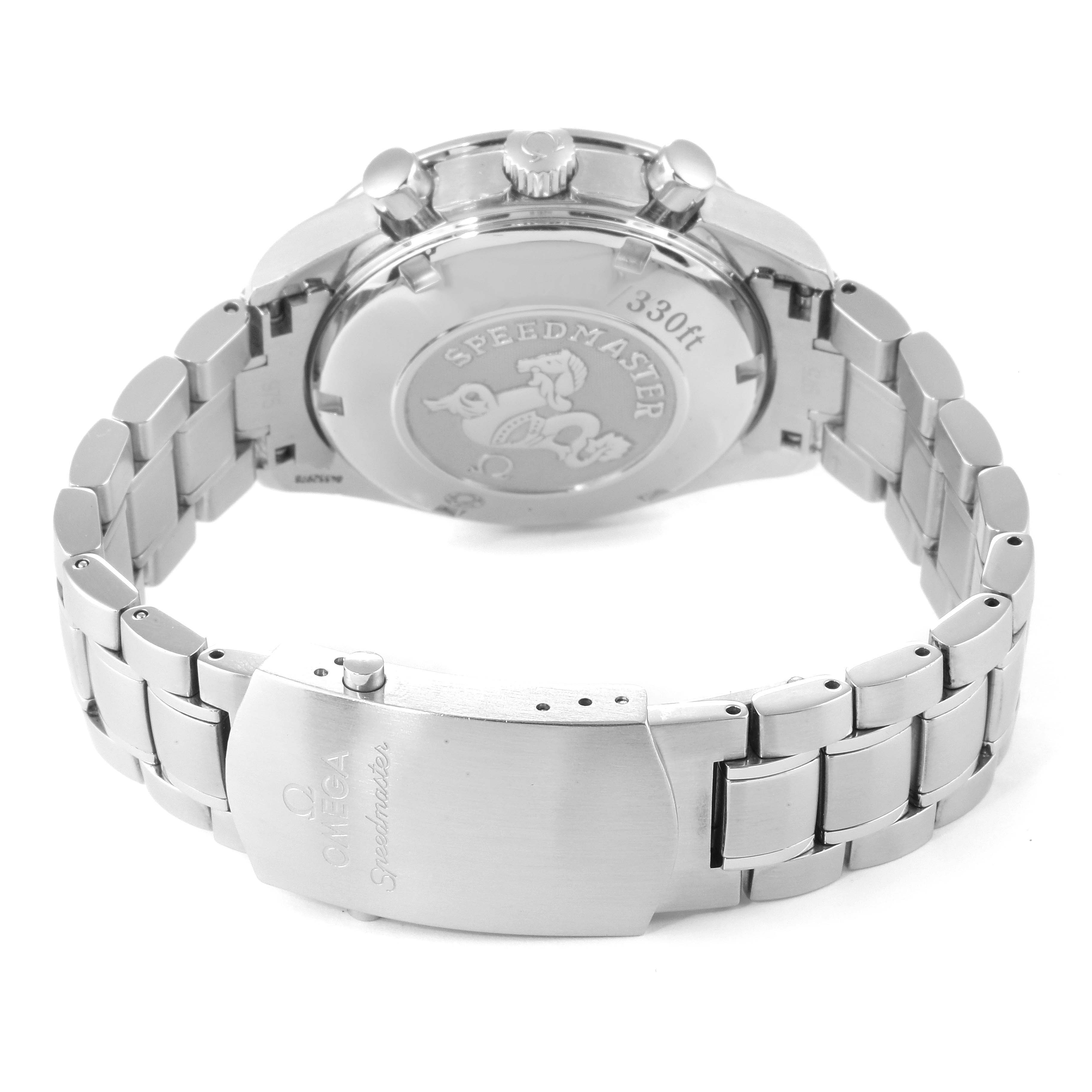 The image shows the back case and bracelet clasp of an Omega Speedmaster 3211.50.00 Men's Stainless Steel Black Dial 3211.50.00 Men's Stainless Steel Black Dial watch at an angle.