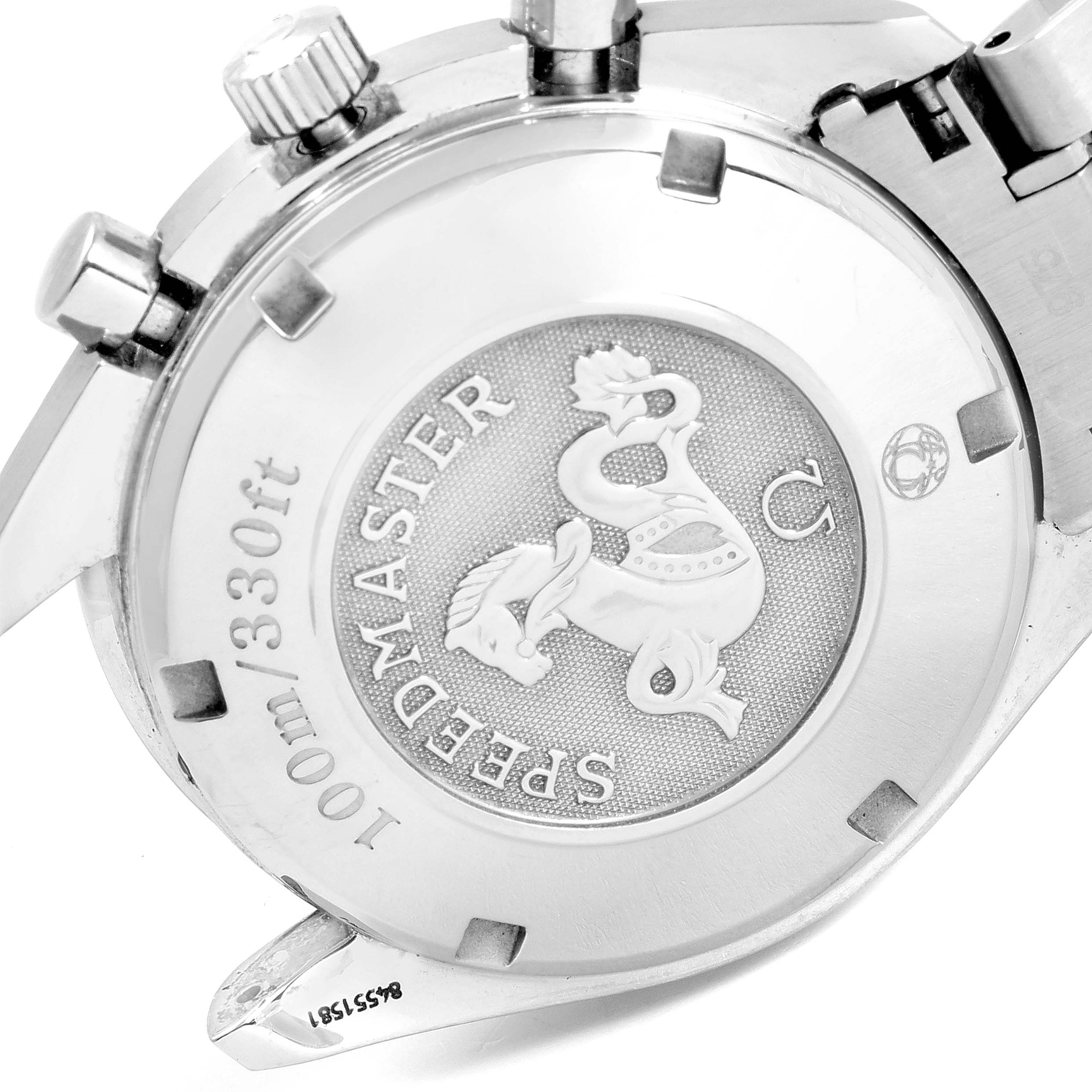 The image shows the back of the Omega Speedmaster 3211.50.00 Men
s Stainless Steel Black Dial 3211.50.00 Men
s Stainless Steel Black Dial watch, highlighting the logo, water resistance, and case details.