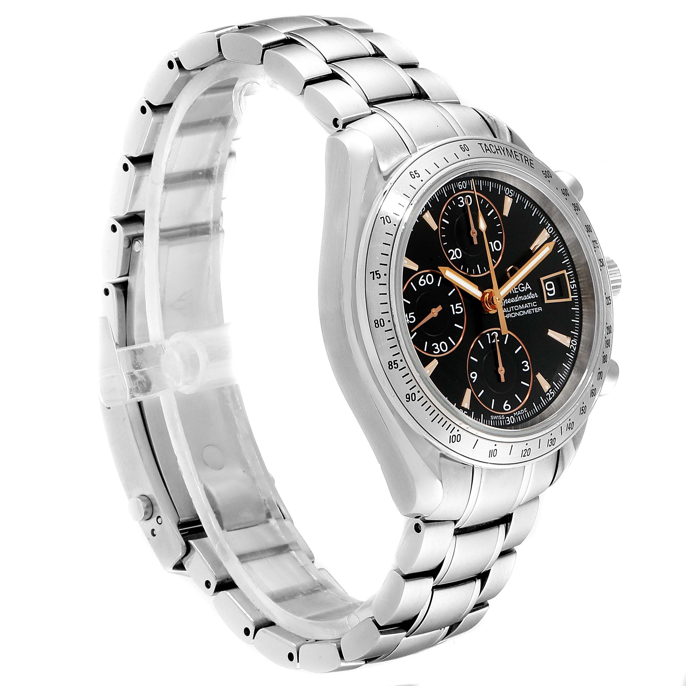 The image shows a side angle of an Omega Speedmaster 3211.50.00 Men
s Stainless Steel Black Dial 3211.50.00 Men
s Stainless Steel Black Dial watch, highlighting its bracelet, bezel, and chronograph dial.