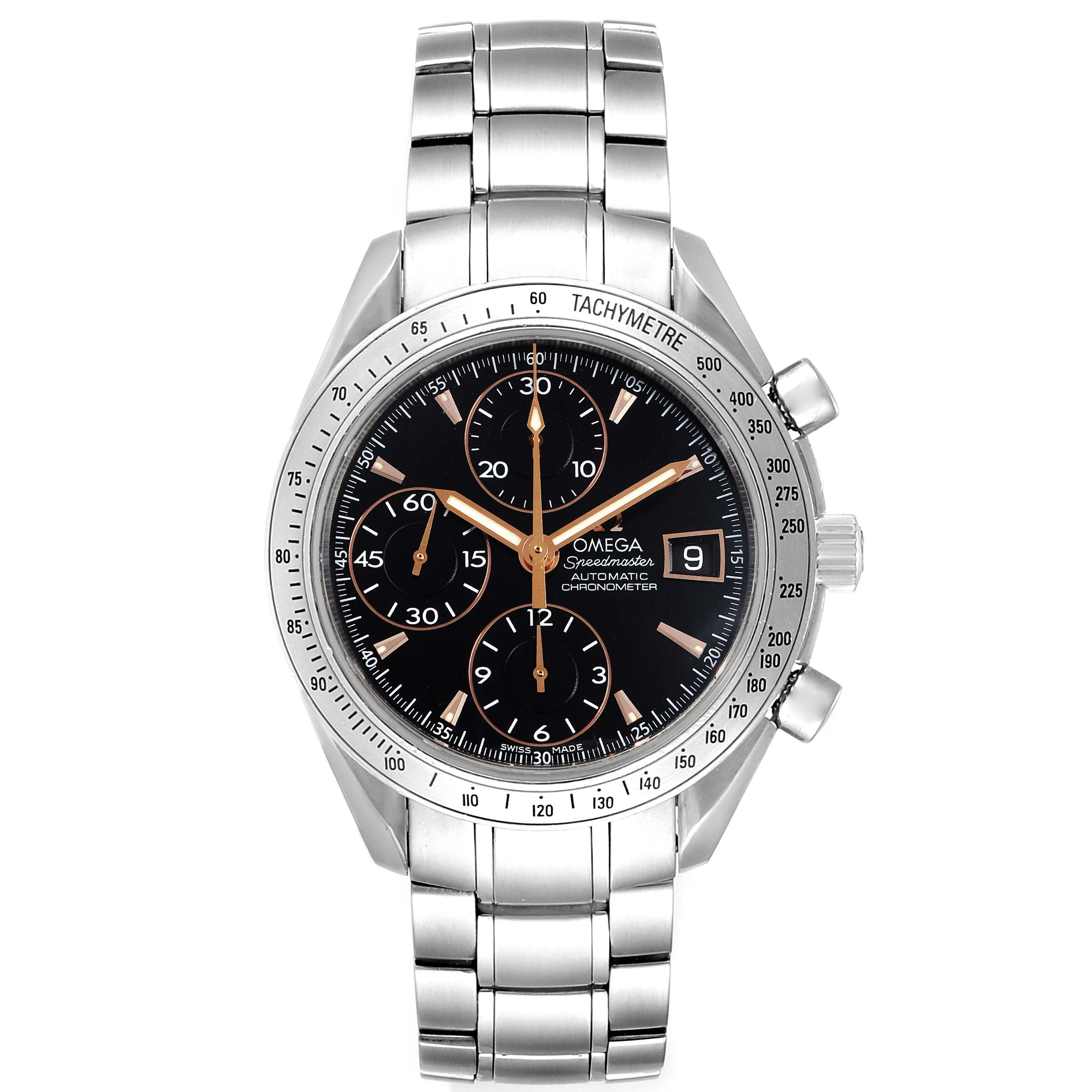 The Omega Speedmaster 3211.50.00 Men
s Stainless Steel Black Dial 3211.50.00 Men
s Stainless Steel Black Dial watch is shown from a front angle, highlighting its black dial, subdials, date window, and stainless steel bracelet.