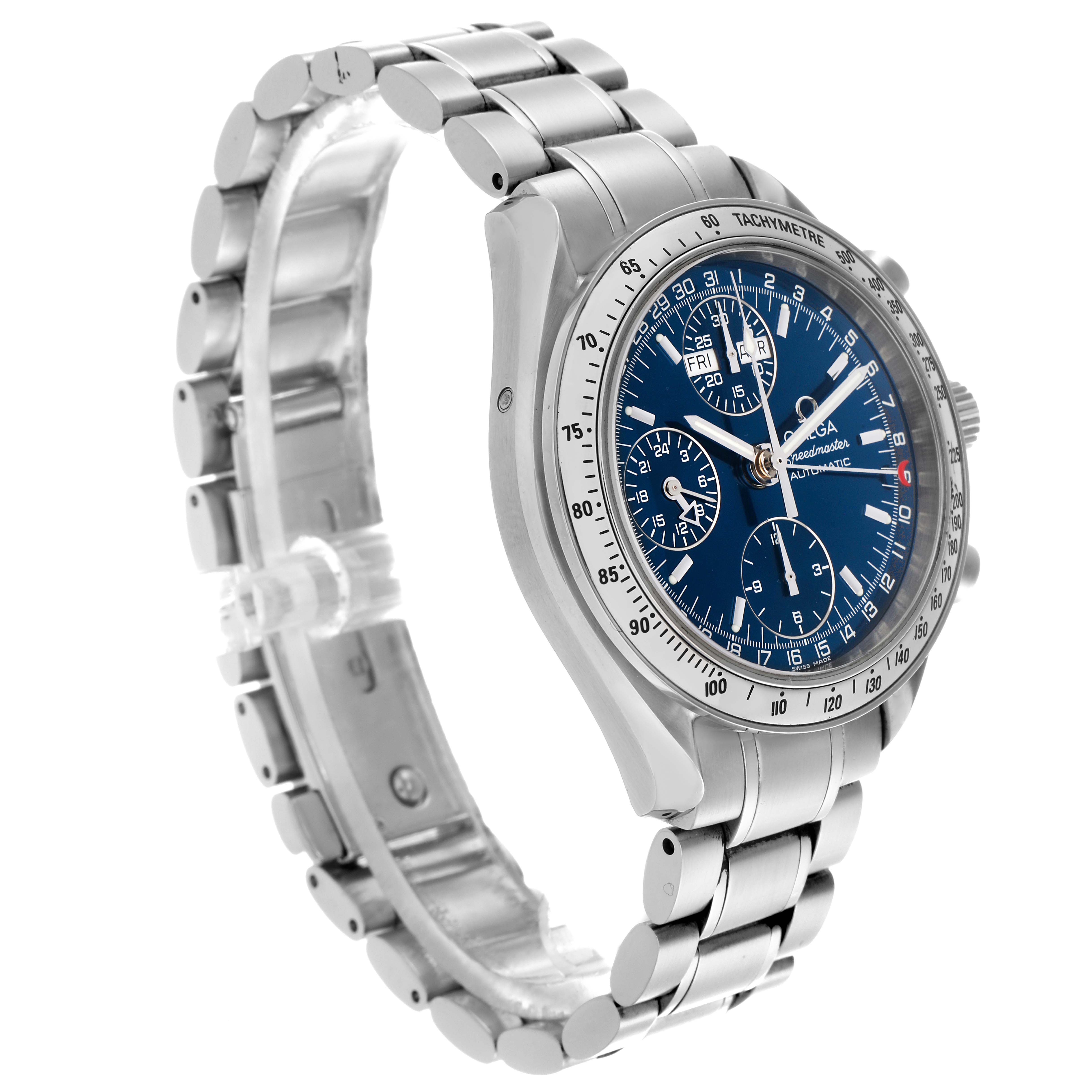 The Omega Speedmaster 3523.80.00 Men's Stainless Steel Blue Dial 3523.80.00 Men's Stainless Steel Blue Dial watch is shown at a three-quarter angle, highlighting the face, bezel, and steel bracelet.