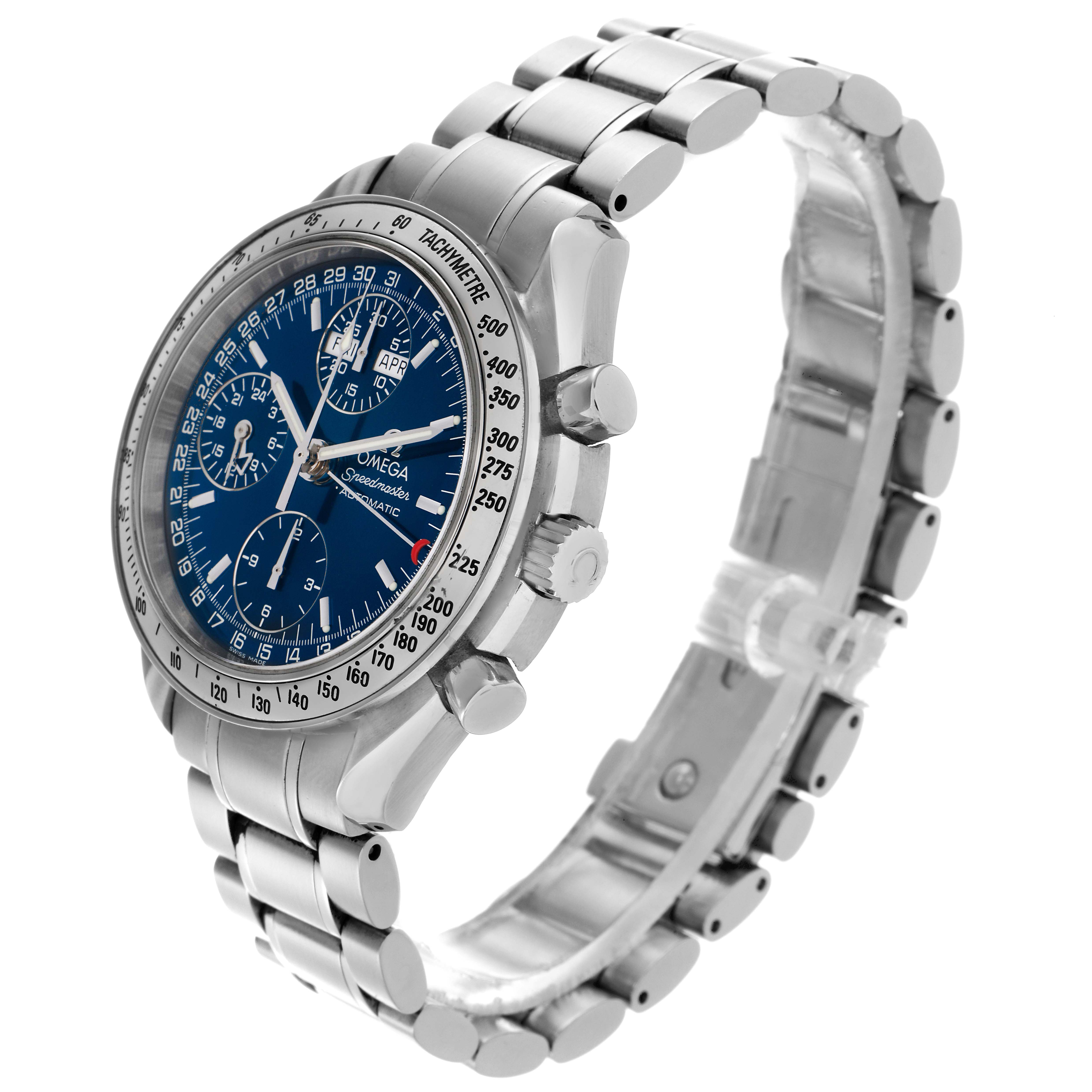 The Omega Speedmaster 3523.80.00 Men's Stainless Steel Blue Dial 3523.80.00 Men's Stainless Steel Blue Dial watch is shown at an oblique angle, highlighting the face, tachymeter bezel, and bracelet.