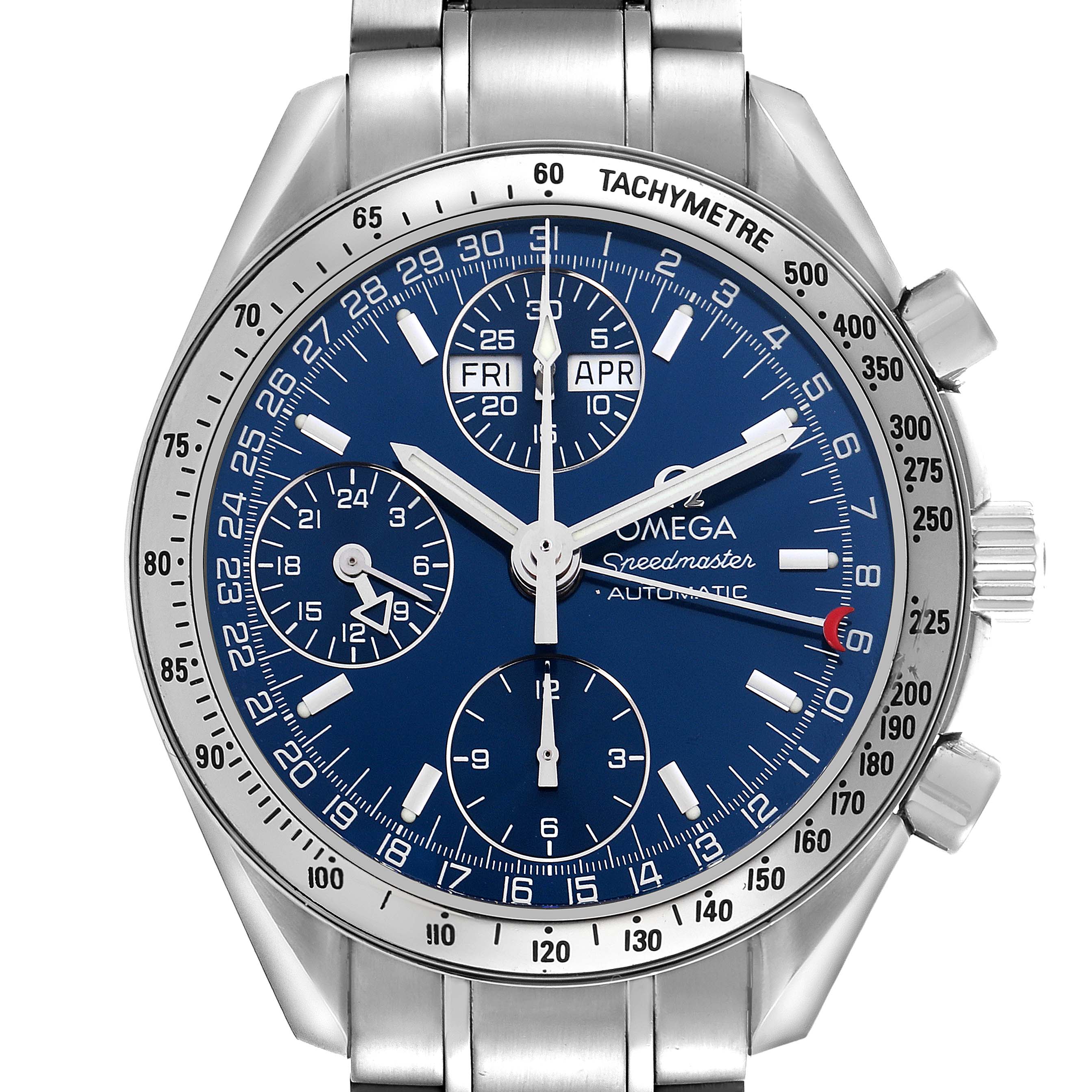 The Omega Speedmaster 3523.80.00 Men's Stainless Steel Blue Dial 3523.80.00 Men's Stainless Steel Blue Dial watch is shown from a front angle, displaying the blue dial, subdials, and tachymetre bezel.