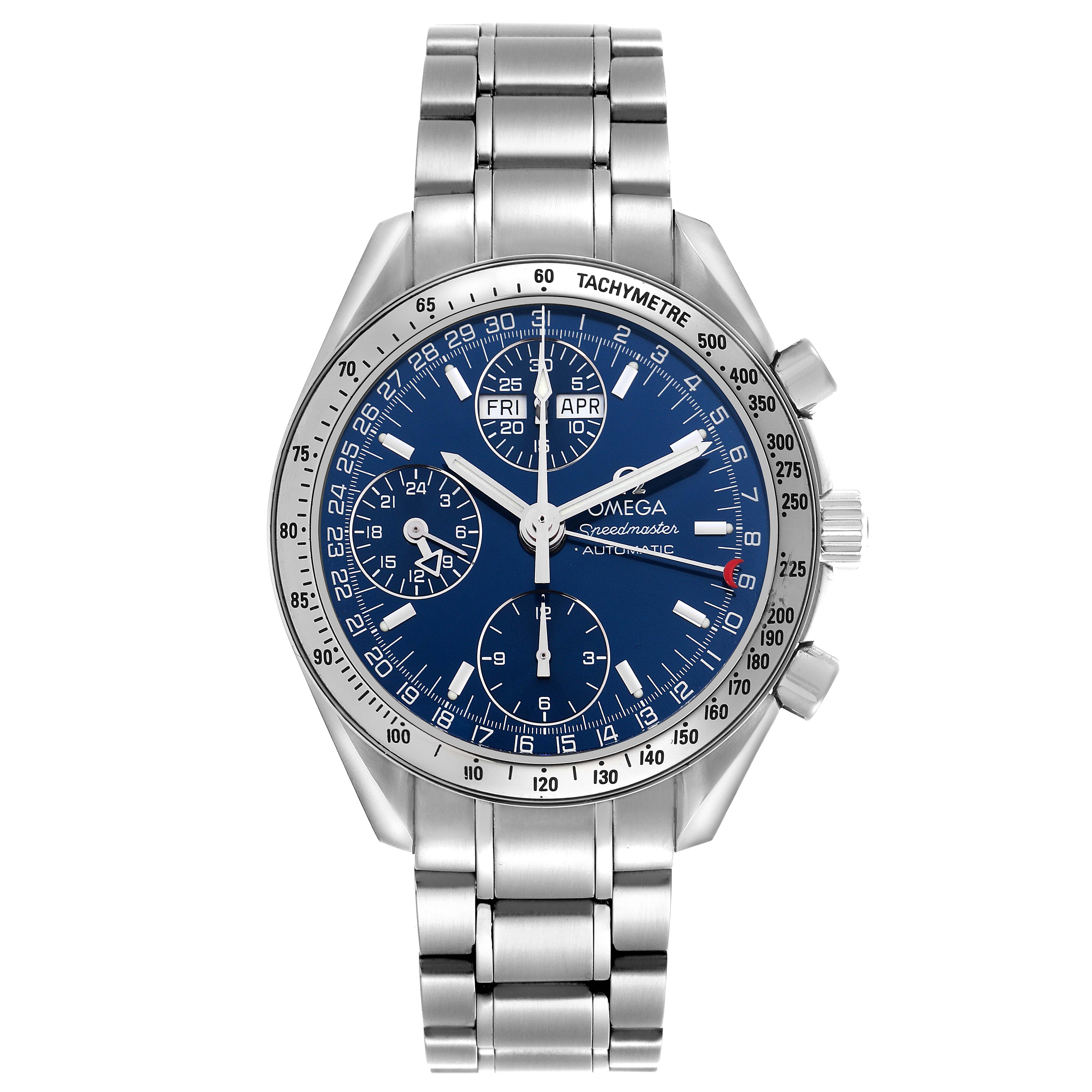 The Omega Speedmaster 3523.80.00 Men's Stainless Steel Blue Dial 3523.80.00 Men's Stainless Steel Blue Dial watch is shown from a front angle, displaying the face, bezel, crown, pushers, and bracelet.