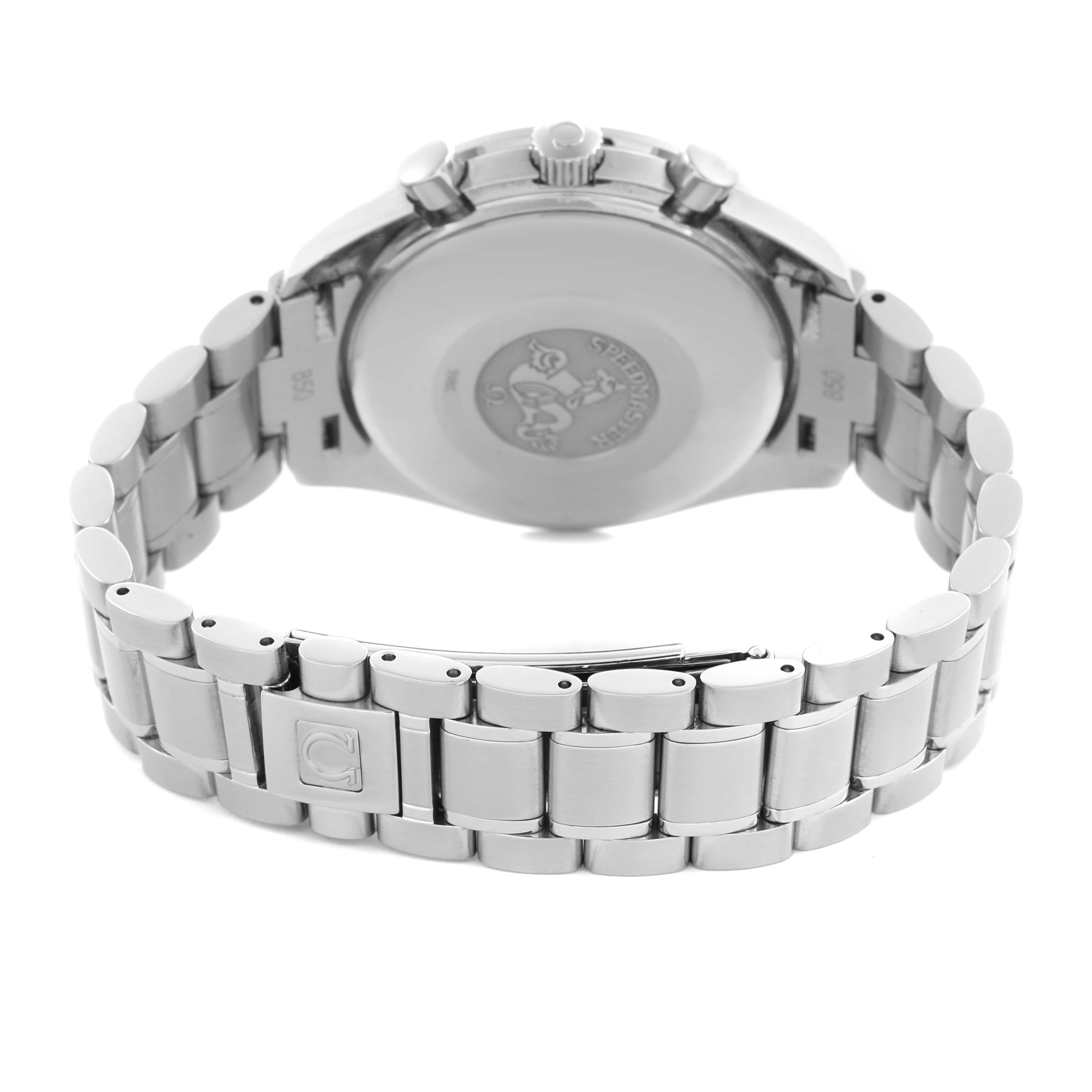 The image shows the back and bracelet of an Omega Speedmaster 3523.80.00 Men's Stainless Steel Blue Dial 3523.80.00 Men's Stainless Steel Blue Dial, highlighting the clasp and caseback with engravings.