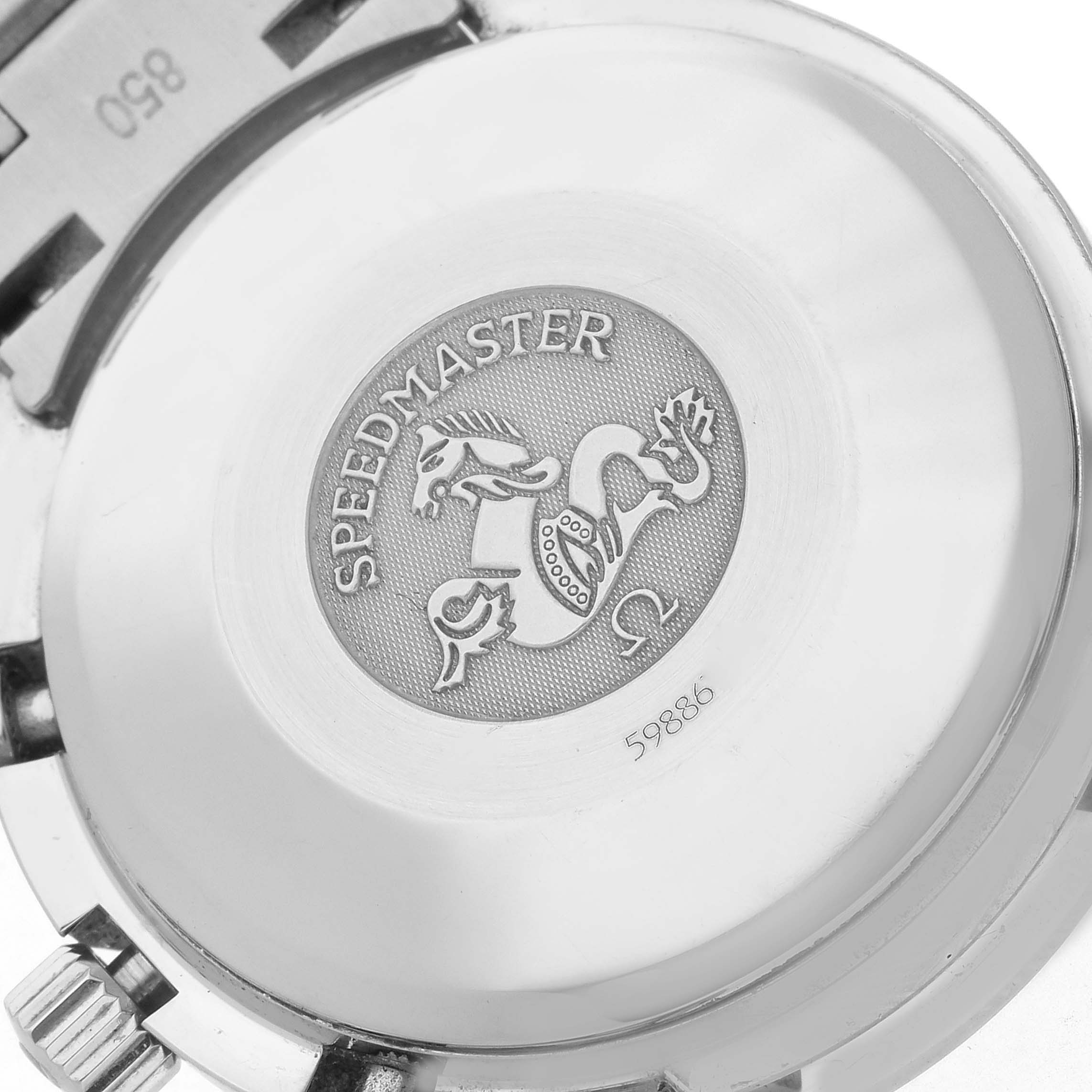 The image shows the back of an Omega Speedmaster 3523.80.00 Men's Stainless Steel Blue Dial 3523.80.00 Men's Stainless Steel Blue Dial watch, highlighting its engraved emblem and model number.