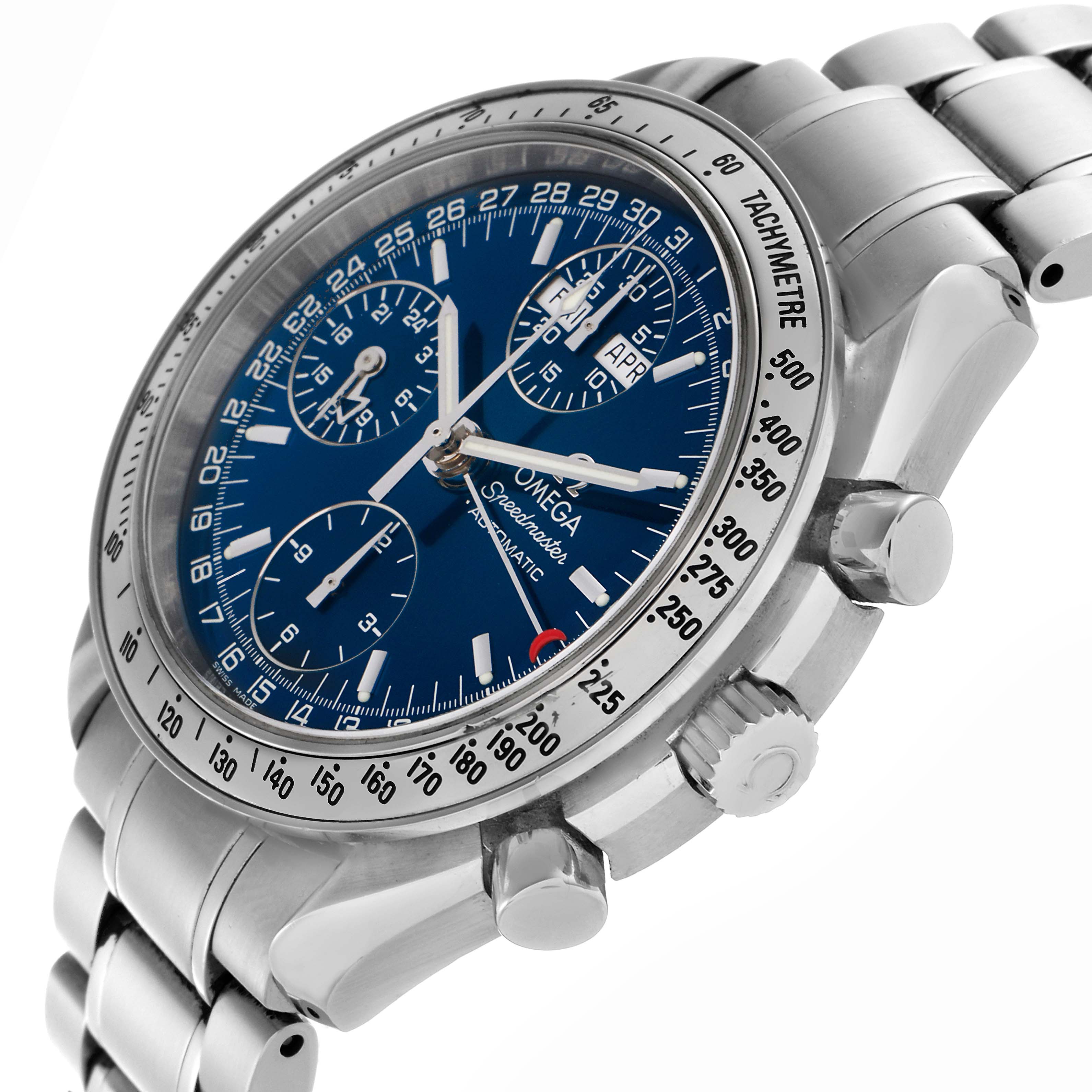 The Omega Speedmaster 3523.80.00 Men's Stainless Steel Blue Dial 3523.80.00 Men's Stainless Steel Blue Dial watch is shown at a side angle, revealing the dial, bezel, crown, and pushers.