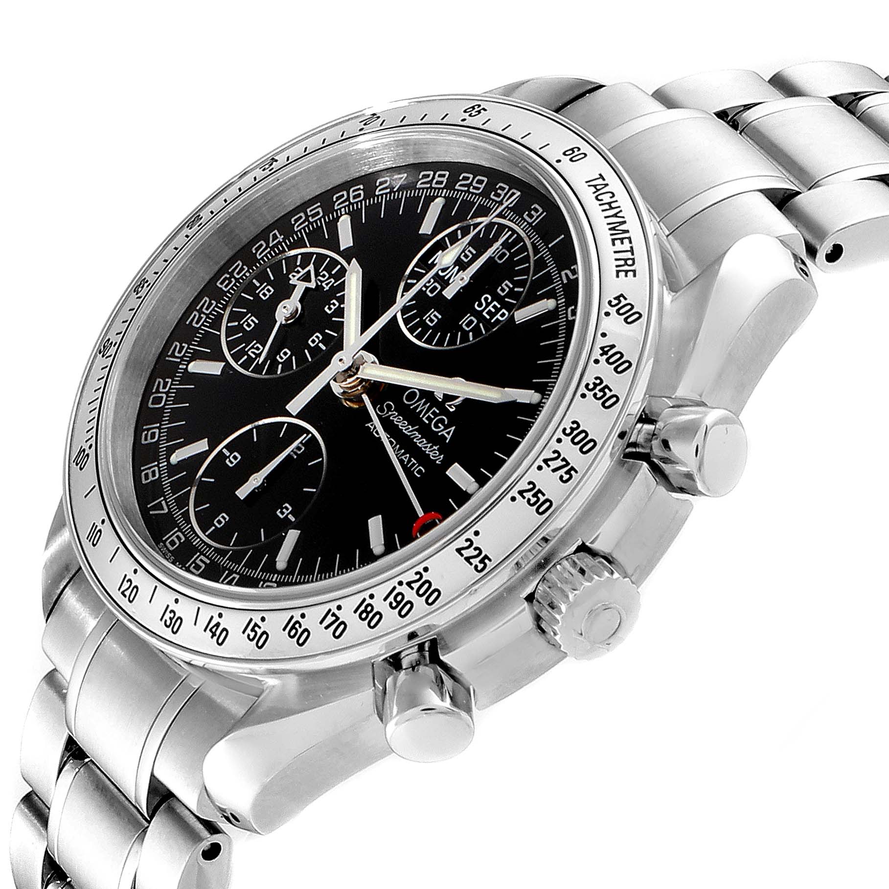 The image shows an Omega Speedmaster 3523.50.00 Men
s Stainless Steel Black Dial 3523.50.00 Men
s Stainless Steel Black Dial watch from an angled side view, highlighting the dial, bezel, case, and bracelet.