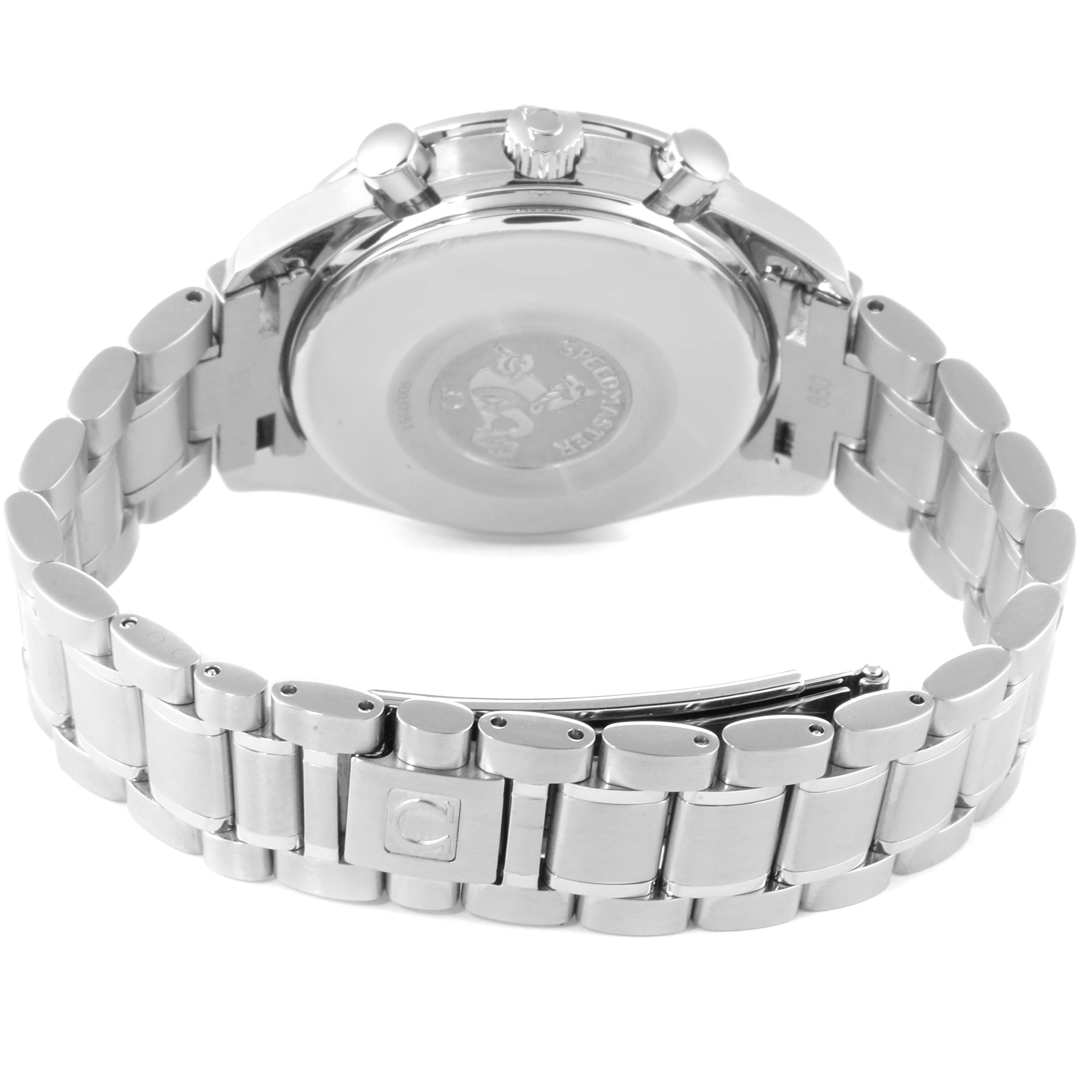 The image shows the back view of the Omega Speedmaster 3523.50.00 Men
s Stainless Steel Black Dial 3523.50.00 Men
s Stainless Steel Black Dial watch, highlighting its stainless steel bracelet and clasp.