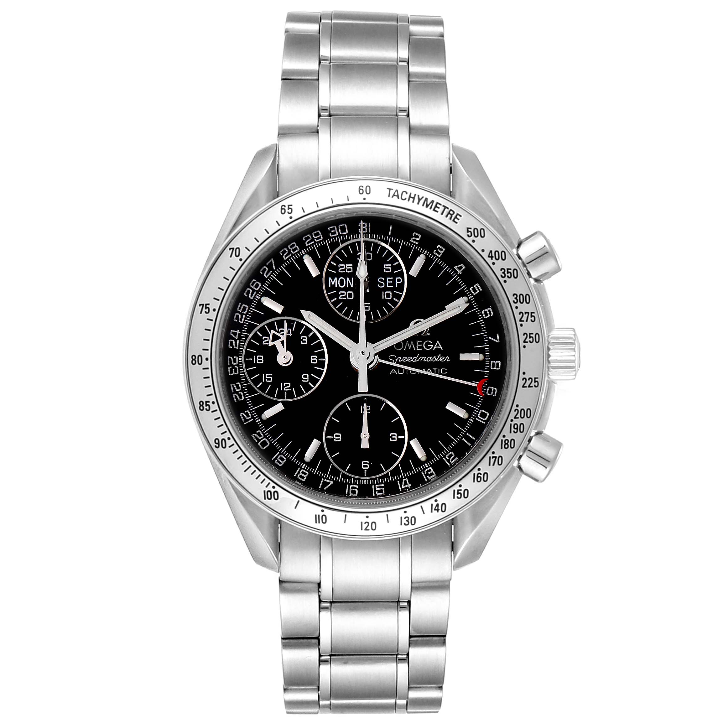 The image shows a frontal view of the Omega Speedmaster 3523.50.00 Men
s Stainless Steel Black Dial 3523.50.00 Men
s Stainless Steel Black Dial watch, displaying its dial, chronograph sub-dials, and metal bracelet.