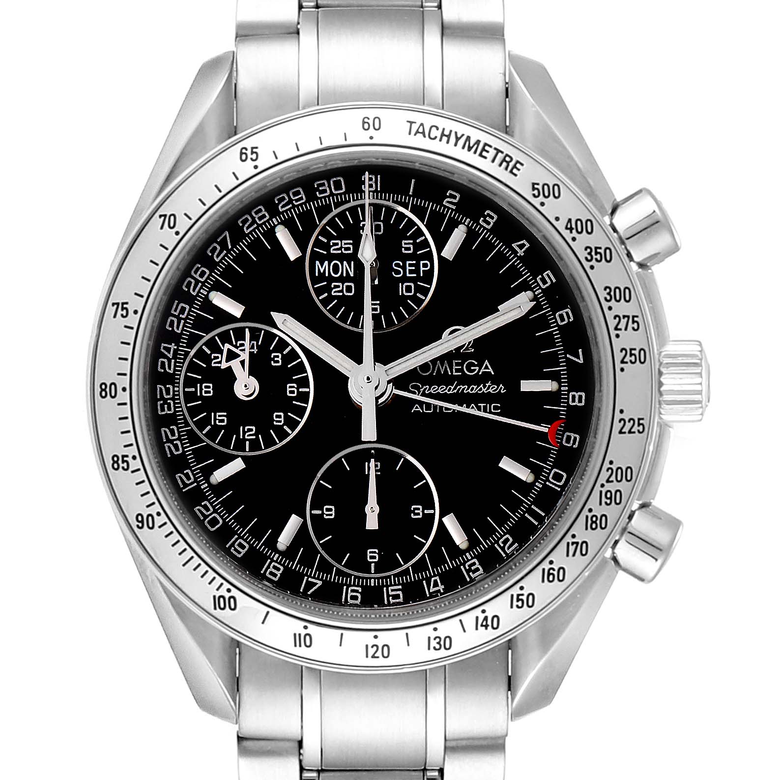 This is a front view of an Omega Speedmaster 3523.50.00 Men
s Stainless Steel Black Dial 3523.50.00 Men
s Stainless Steel Black Dial watch, showcasing its face, chronograph sub-dials, and stainless steel bracelet.