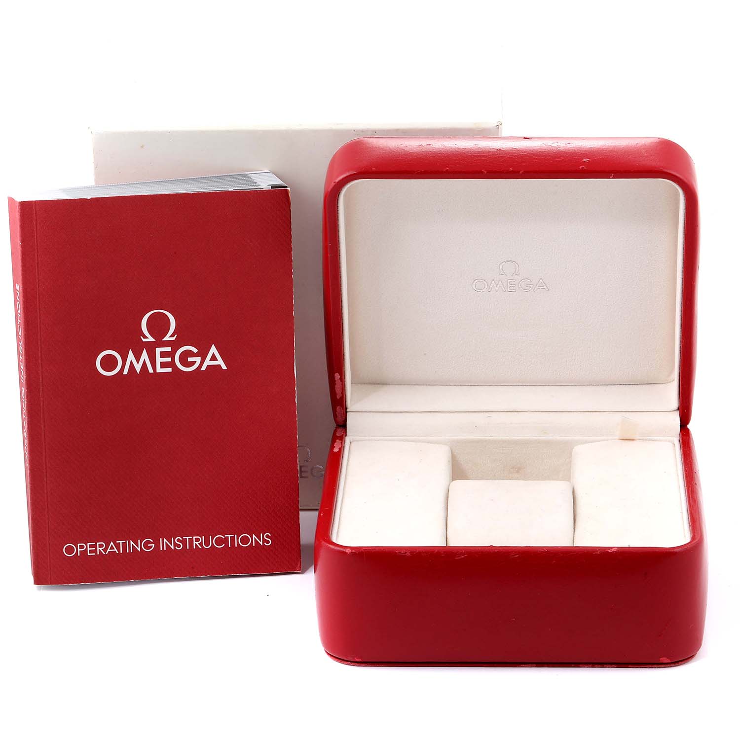 This image shows the Omega Speedmaster 3523.50.00 Men
s Stainless Steel Black Dial 3523.50.00 Men
s Stainless Steel Black Dial watch
s red operating instructions book and an open red watch box.