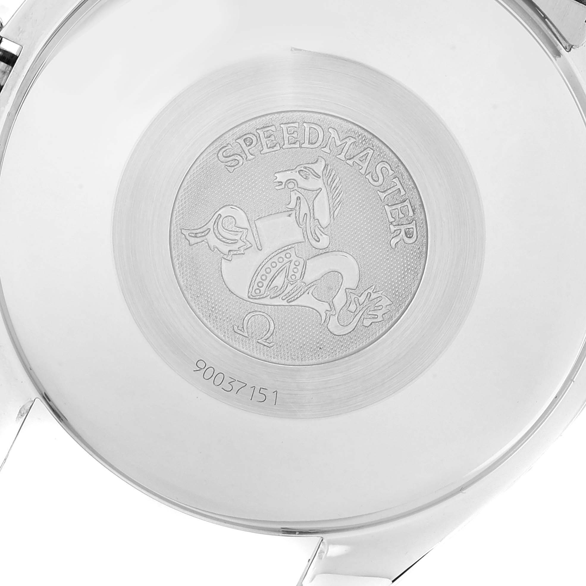 This image shows the case back of an Omega Speedmaster 3523.50.00 Men
s Stainless Steel Black Dial 3523.50.00 Men
s Stainless Steel Black Dial watch, featuring the engraved logo and model name.