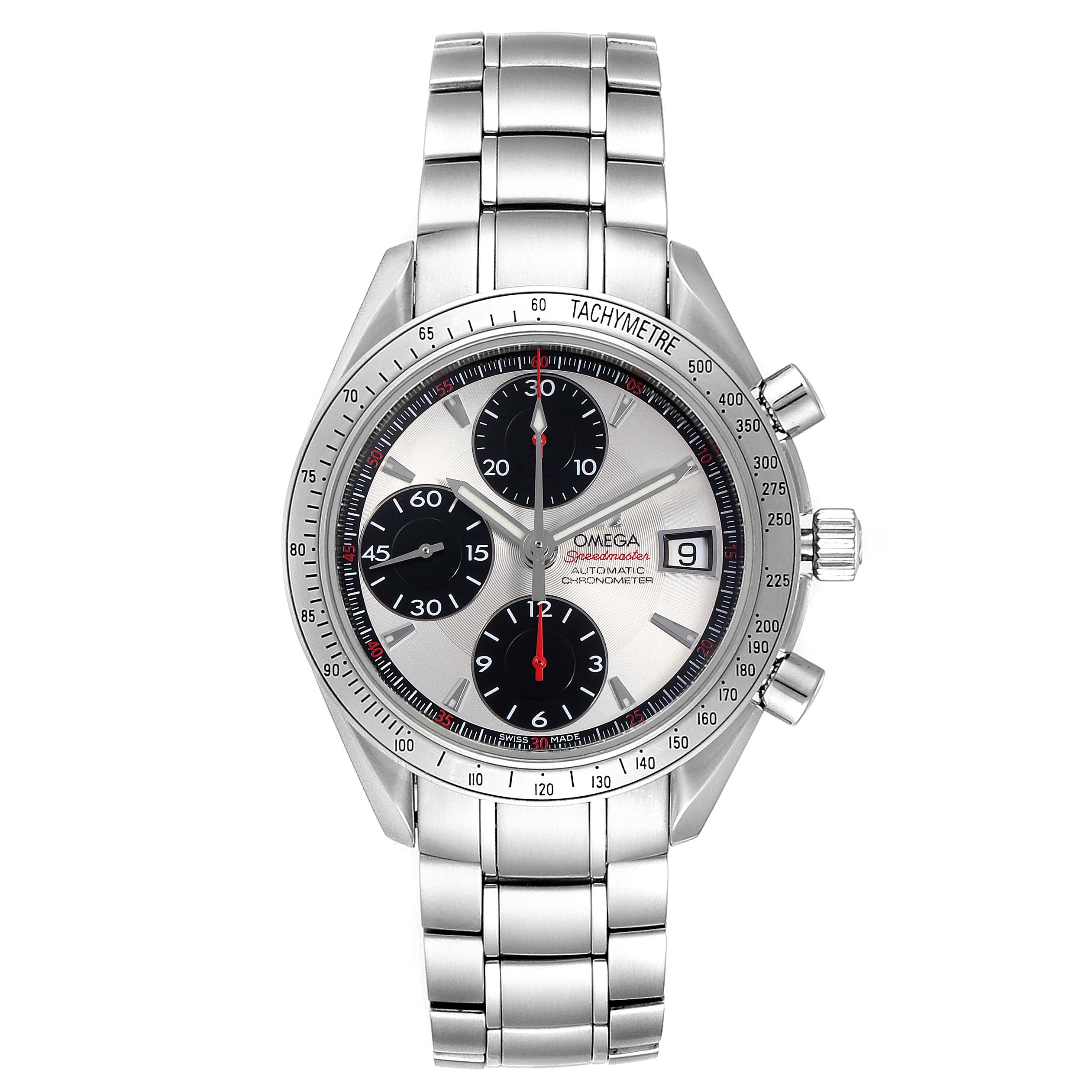 The image shows a front view of the Omega Speedmaster 3211.31.00 Men's Stainless Steel Silver Dial 3211.31.00 Men's Stainless Steel Silver Dial watch, displaying its dial, subdials, date window, and stainless steel bracelet.