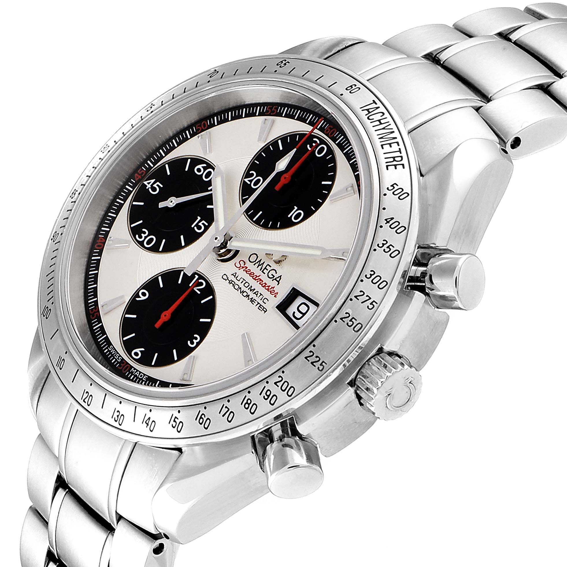 The image shows a side and slight top view of an Omega Speedmaster 3211.31.00 Men's Stainless Steel Silver Dial 3211.31.00 Men's Stainless Steel Silver Dial watch, highlighting its dial, chronograph subdials, and bracelet.