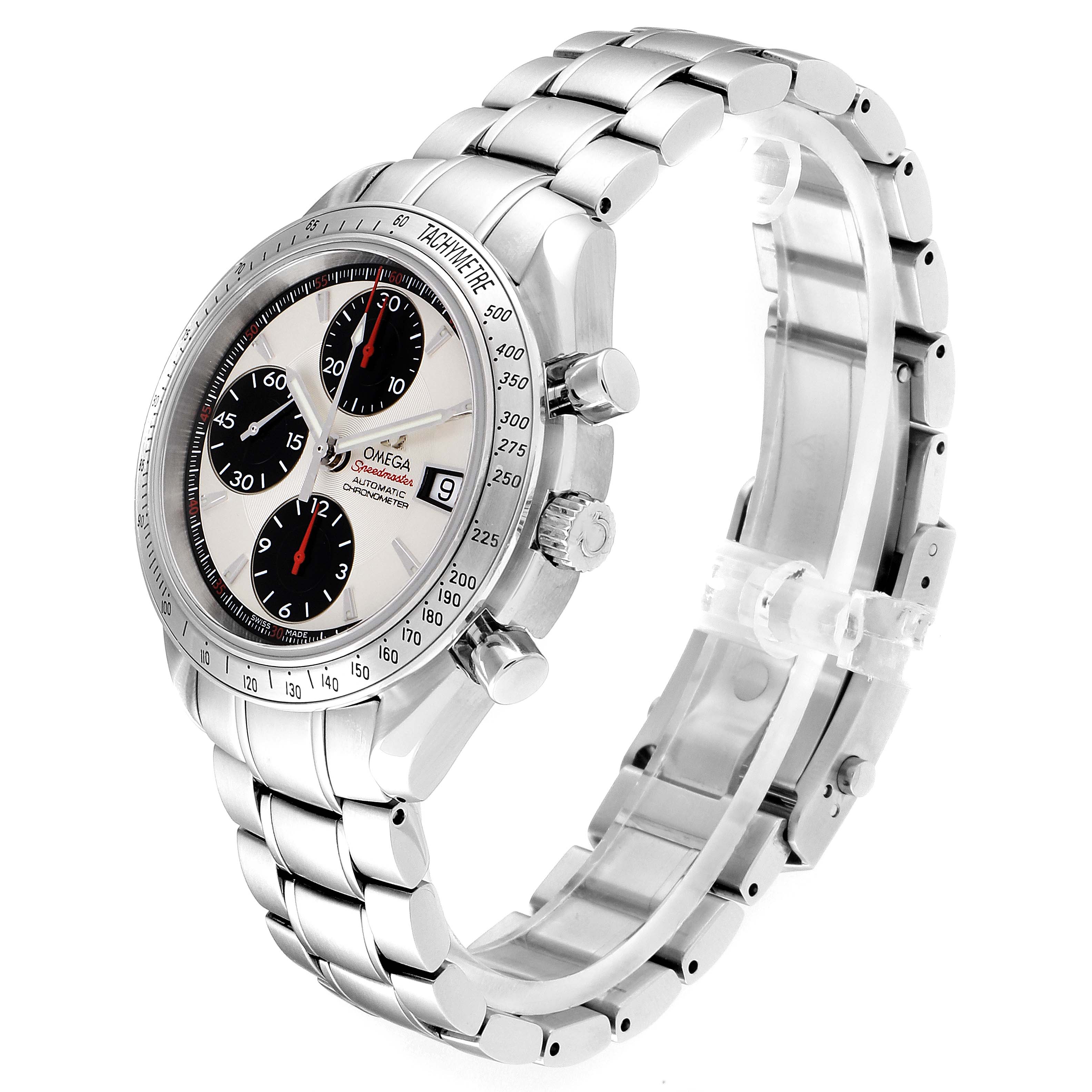 The Omega Speedmaster 3211.31.00 Men's Stainless Steel Silver Dial 3211.31.00 Men's Stainless Steel Silver Dial is shown at an angle showing its face, side buttons, crown, and metal bracelet.