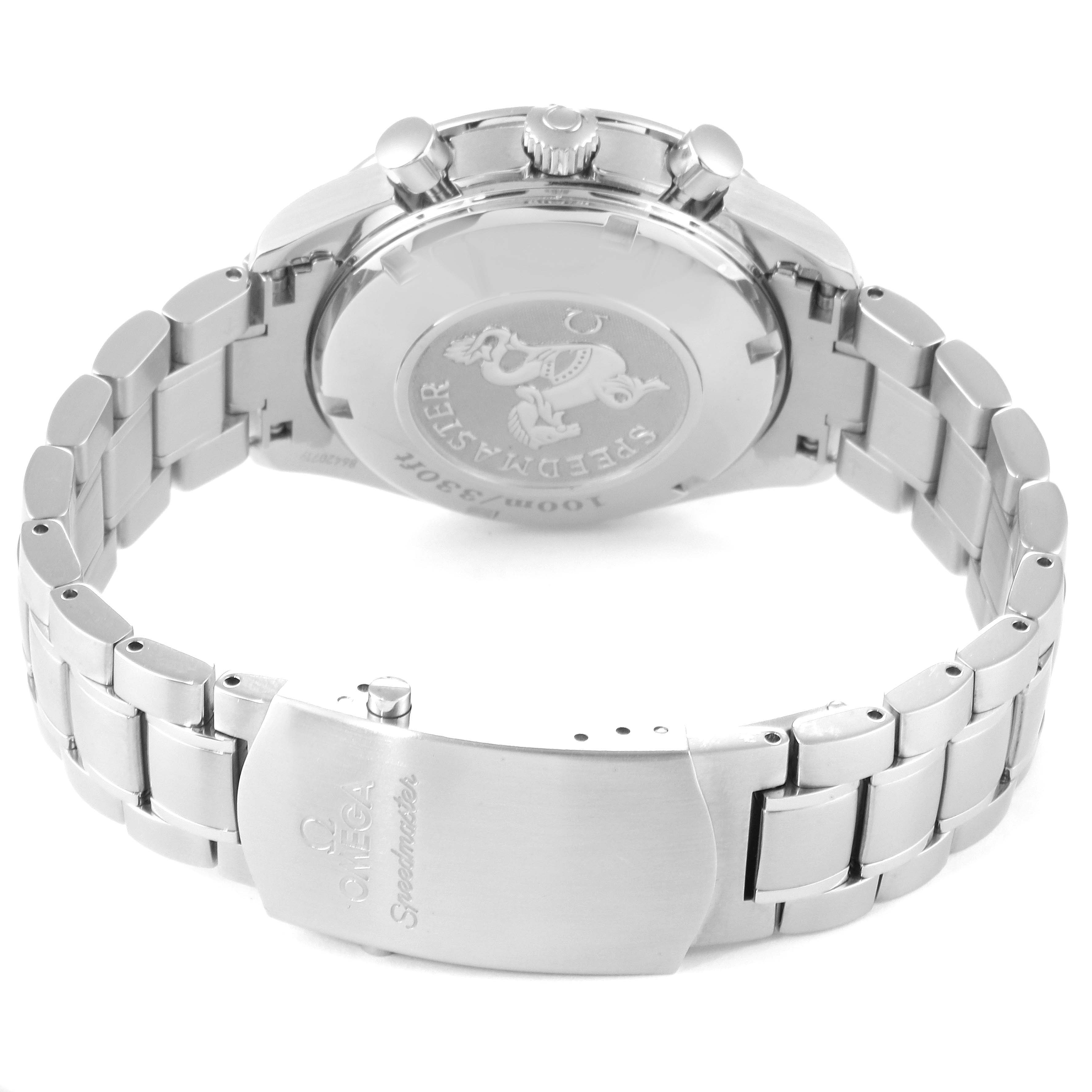 This Omega Speedmaster 3211.31.00 Men's Stainless Steel Silver Dial 3211.31.00 Men's Stainless Steel Silver Dial model is shown from the rear, highlighting the case back and metal bracelet with the clasp visible.