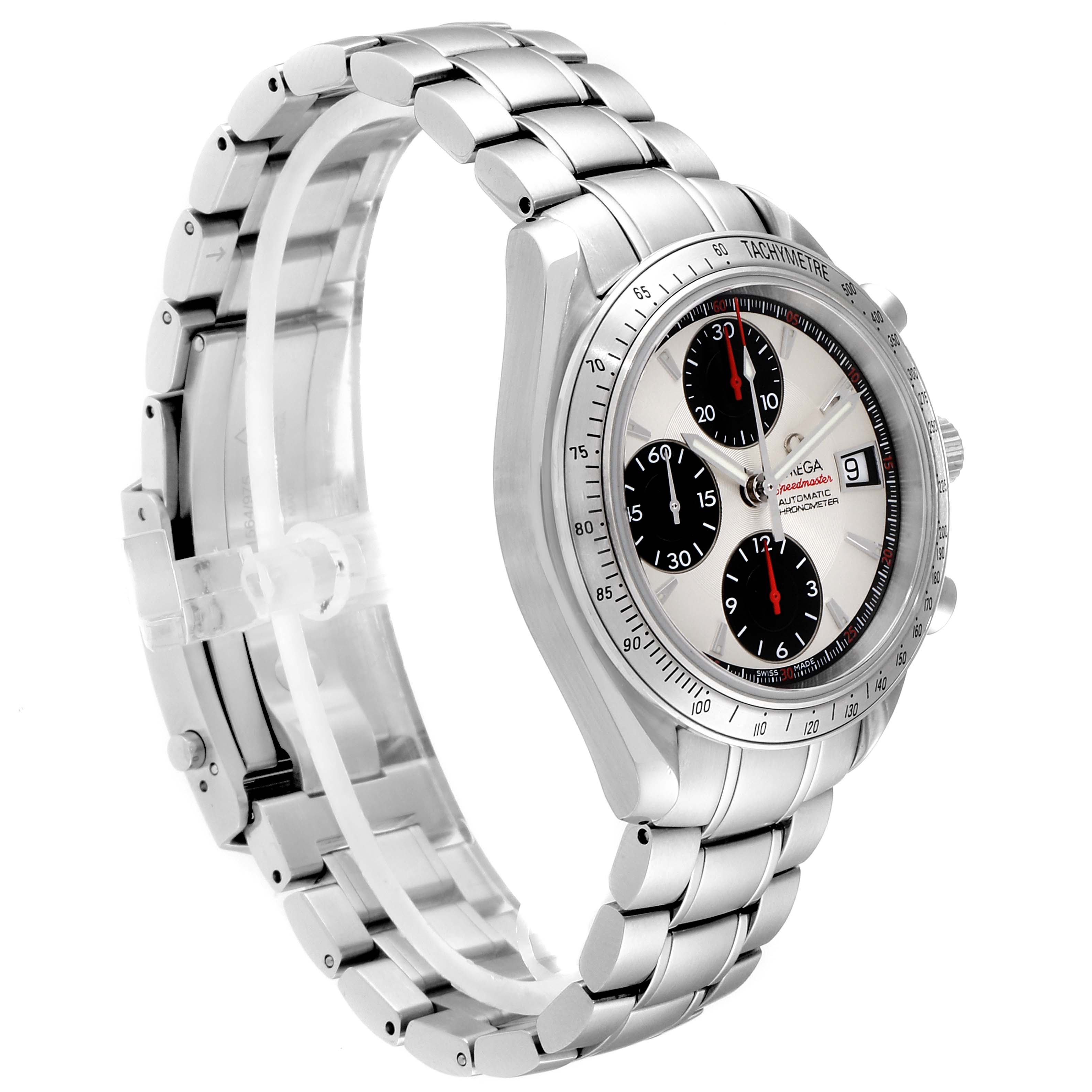 The image shows an Omega Speedmaster 3211.31.00 Men's Stainless Steel Silver Dial 3211.31.00 Men's Stainless Steel Silver Dial watch angled to the right, displaying the face, bezel, crown, and stainless steel bracelet.