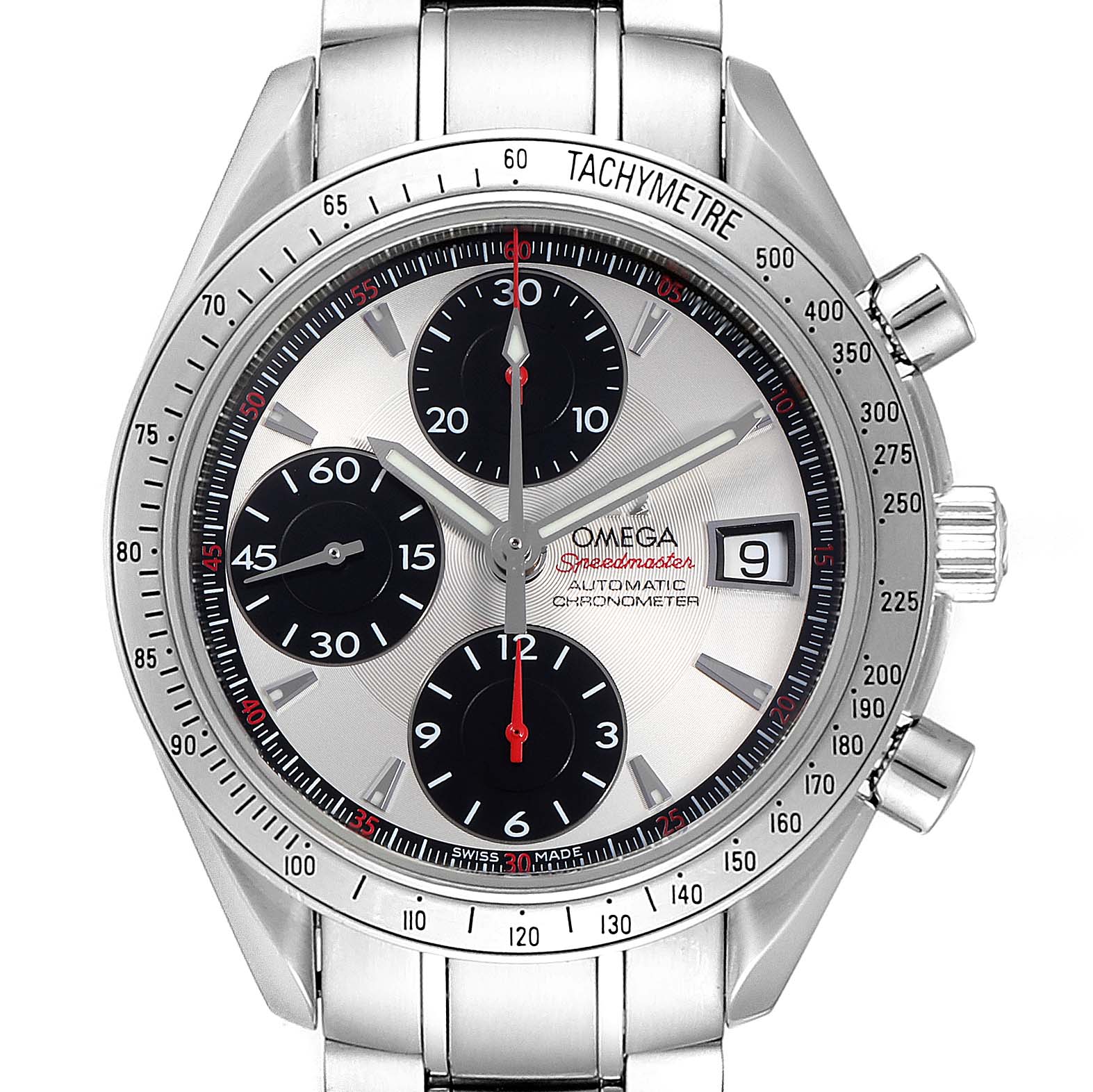This Omega Speedmaster 3211.31.00 Men's Stainless Steel Silver Dial 3211.31.00 Men's Stainless Steel Silver Dial watch is shown from a front angle, displaying the face, tachymeter bezel, and stainless steel bracelet.