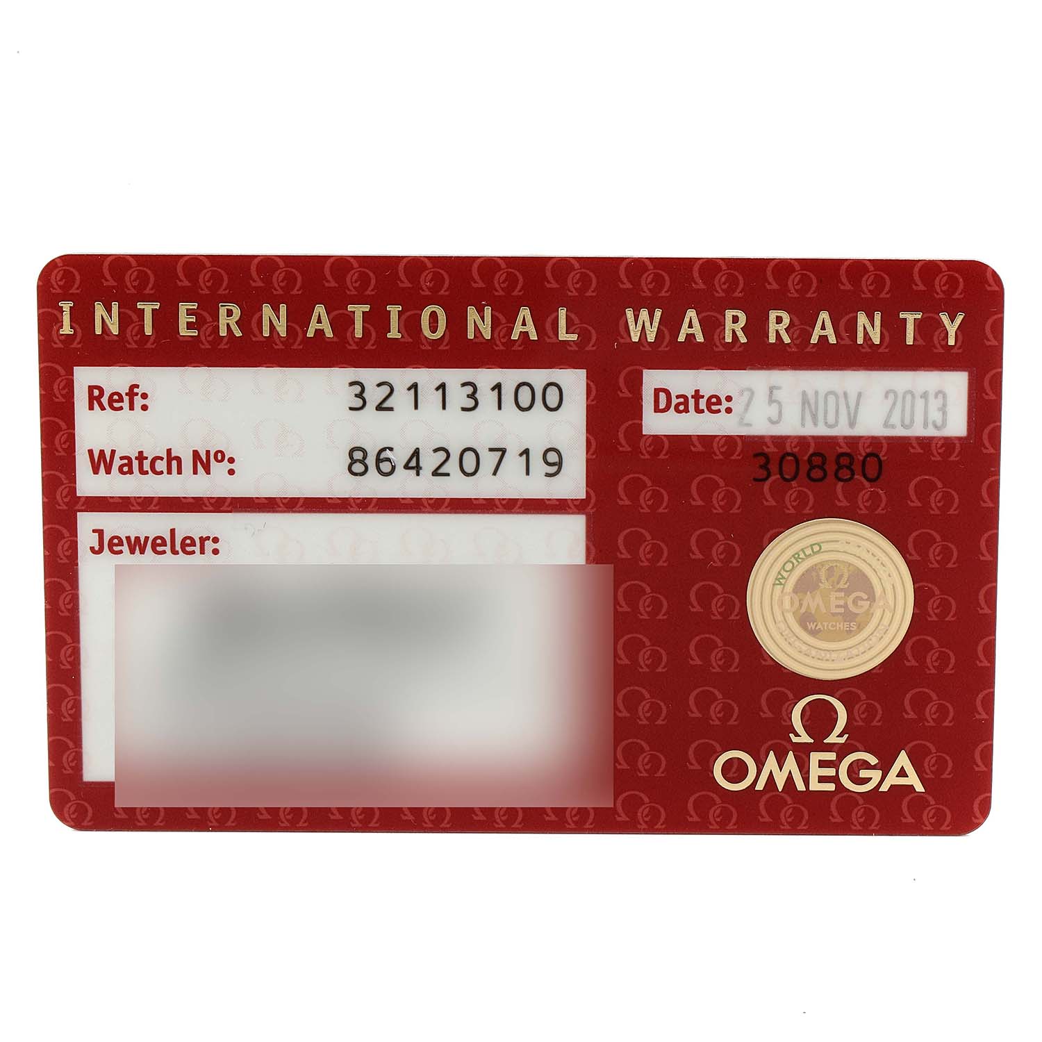 This image shows the International Warranty card for the Omega Speedmaster 3211.31.00 Men's Stainless Steel Silver Dial 3211.31.00 Men's Stainless Steel Silver Dial watch, displaying the reference and watch number.
