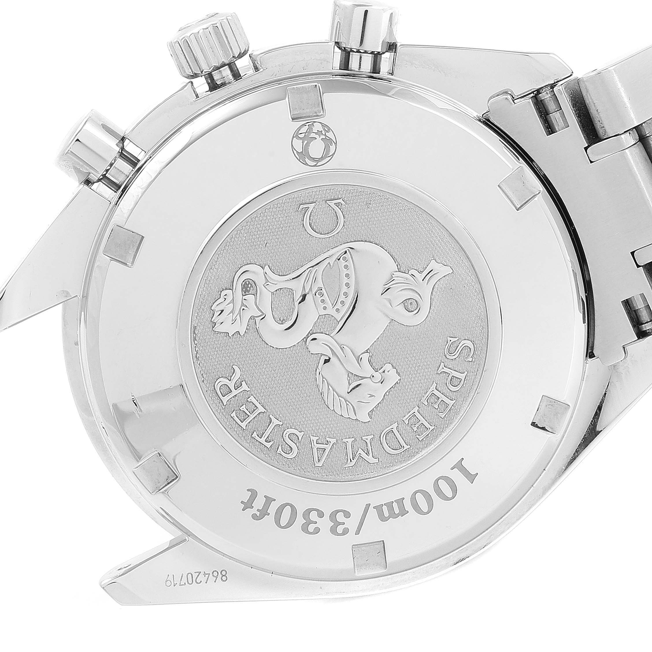 The image displays the case back of an Omega Speedmaster 3211.31.00 Men's Stainless Steel Silver Dial 3211.31.00 Men's Stainless Steel Silver Dial watch, showing its engravings and part of its metal bracelet.