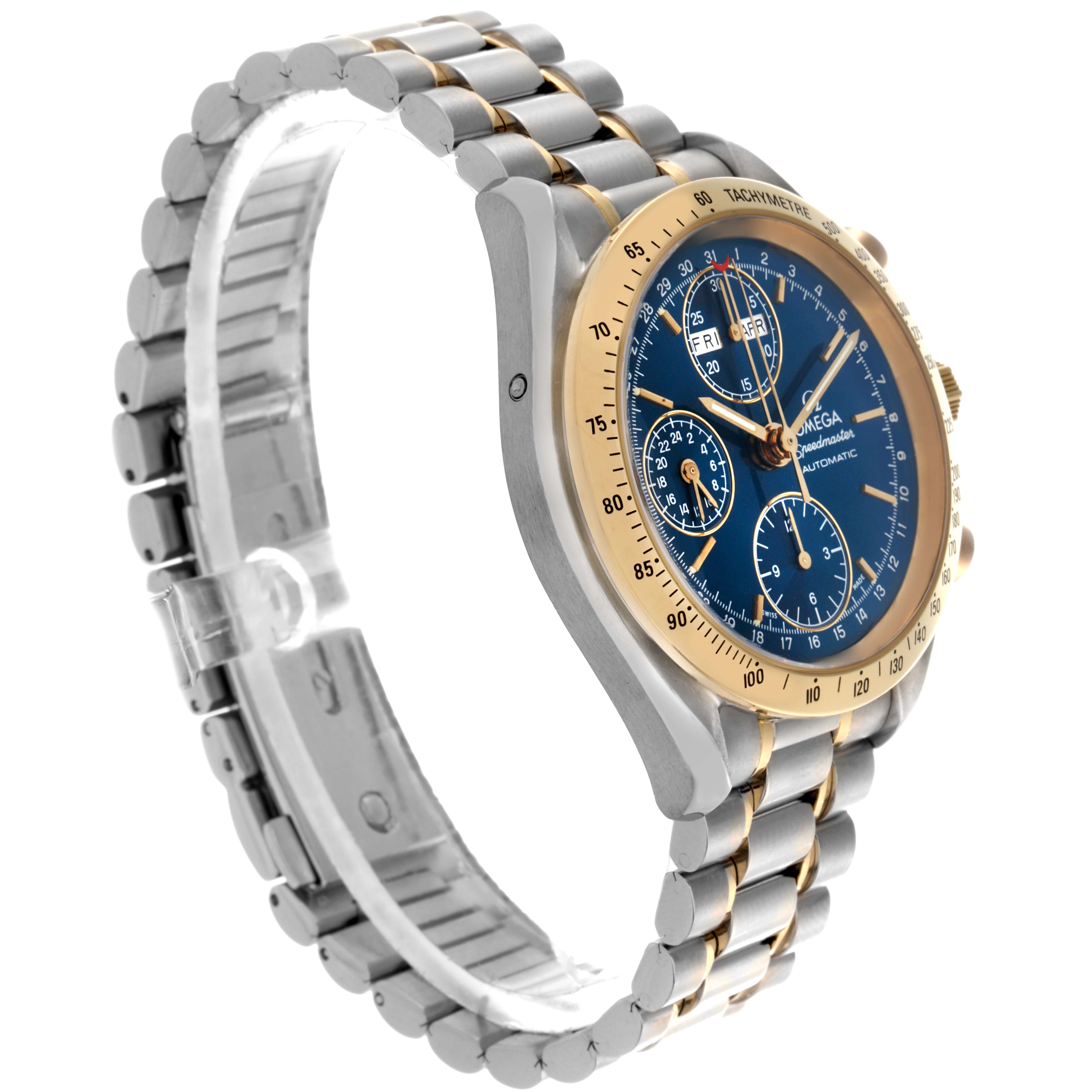 The Omega Speedmaster 3321.80.00 Men's Steel and Gold (two tone) Blue Dial 3321.80.00 Men's Steel and Gold (two tone) Blue Dial watch is shown at a three-quarter angle, highlighting the bezel, dial, and metal bracelet.