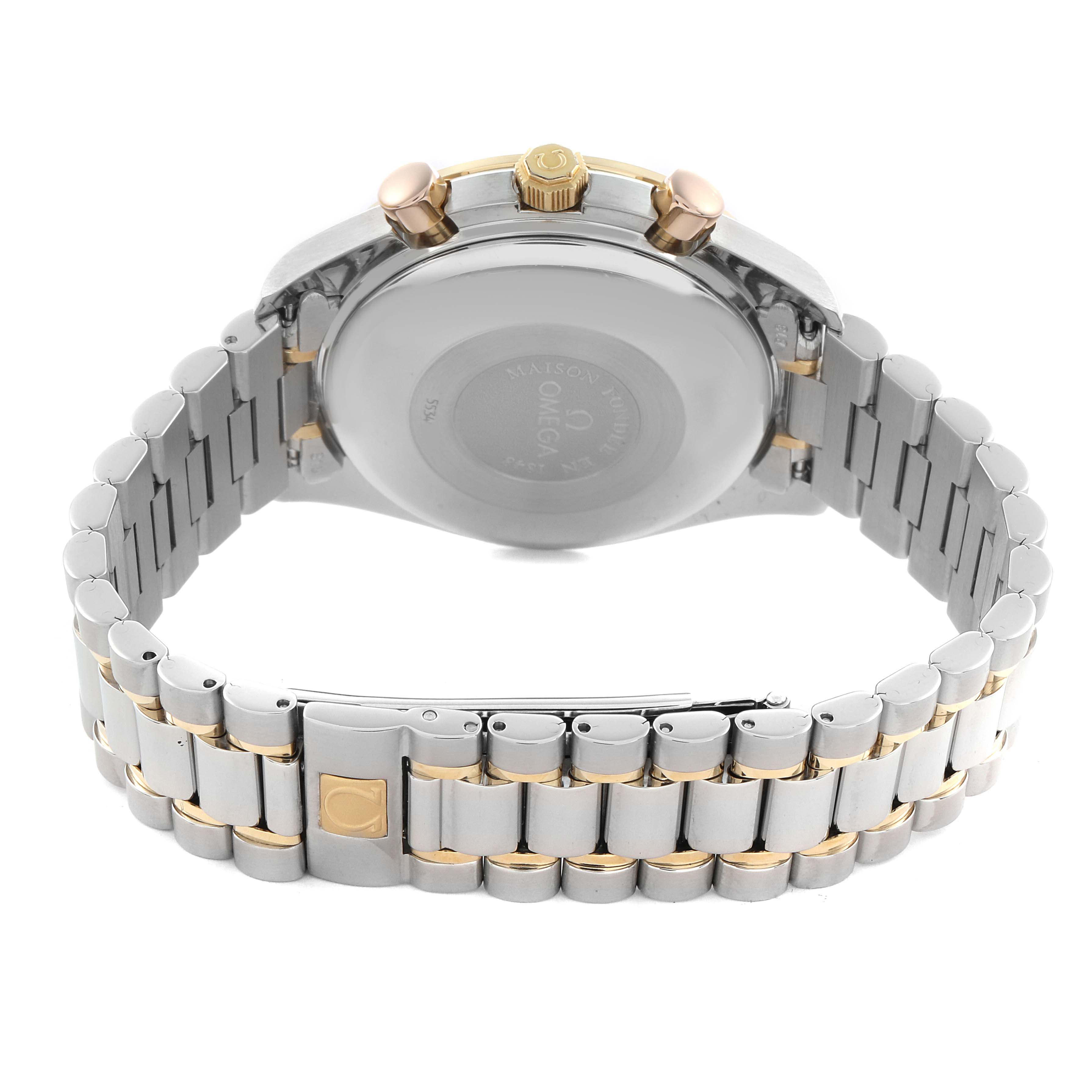 The image shows the back of an Omega Speedmaster 3321.80.00 Men's Steel and Gold (two tone) Blue Dial 3321.80.00 Men's Steel and Gold (two tone) Blue Dial watch, highlighting the bracelet and clasp.