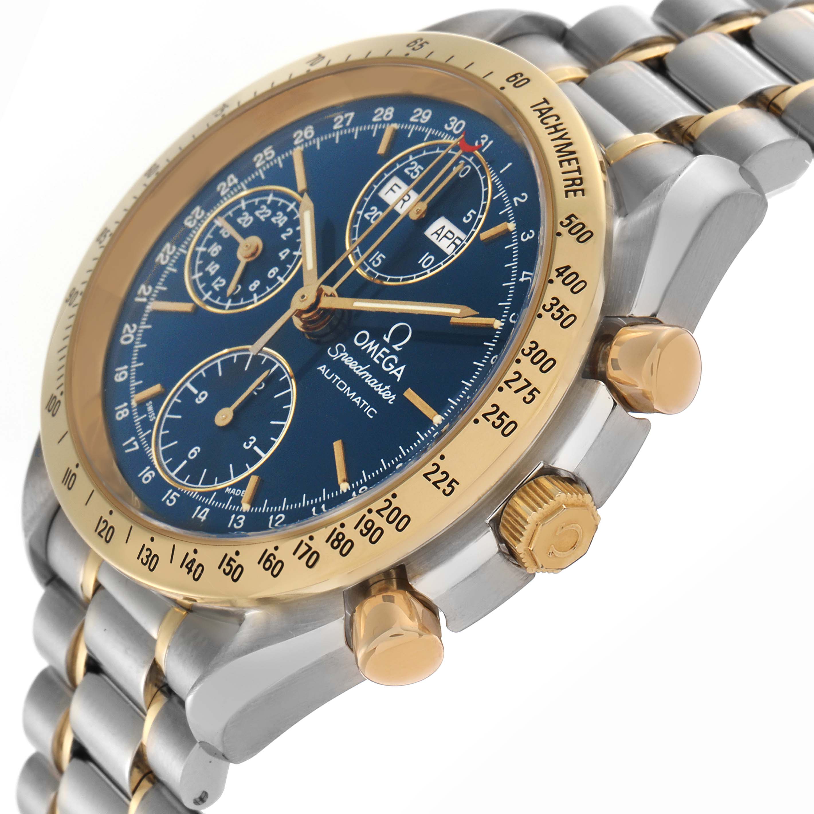 The Omega Speedmaster 3321.80.00 Men's Steel and Gold (two tone) Blue Dial 3321.80.00 Men's Steel and Gold (two tone) Blue Dial watch is shown at a slight side angle, highlighting the face, tachymeter bezel, and crown.