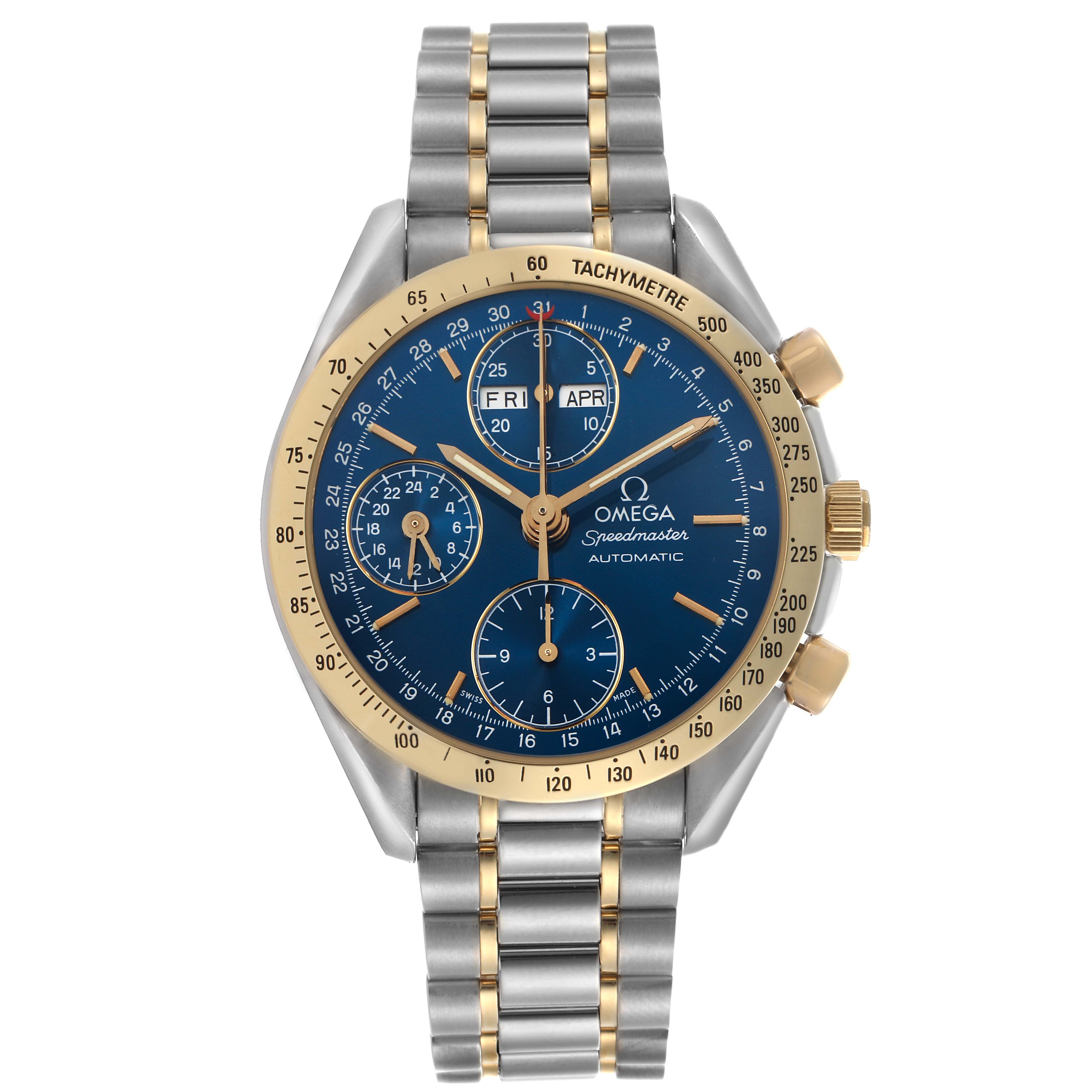 The Omega Speedmaster 3321.80.00 Men's Steel and Gold (two tone) Blue Dial 3321.80.00 Men's Steel and Gold (two tone) Blue Dial is shown from the front, highlighting the face, tachymetre bezel, chronograph subdials, and bracelet.
