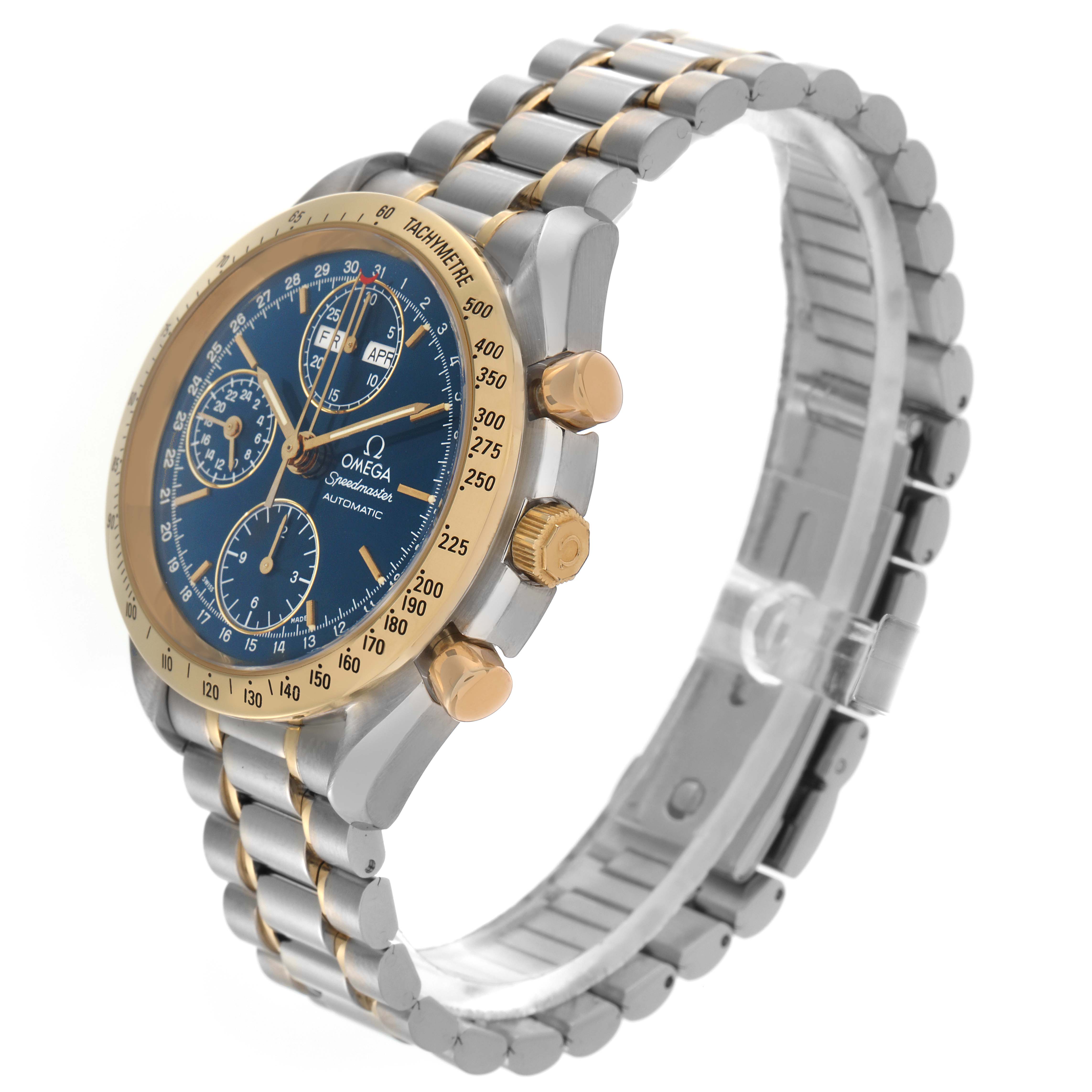 The Omega Speedmaster 3321.80.00 Men's Steel and Gold (two tone) Blue Dial 3321.80.00 Men's Steel and Gold (two tone) Blue Dial is shown at a side angle, featuring its bezel, face, crown, pushers, and bracelet.