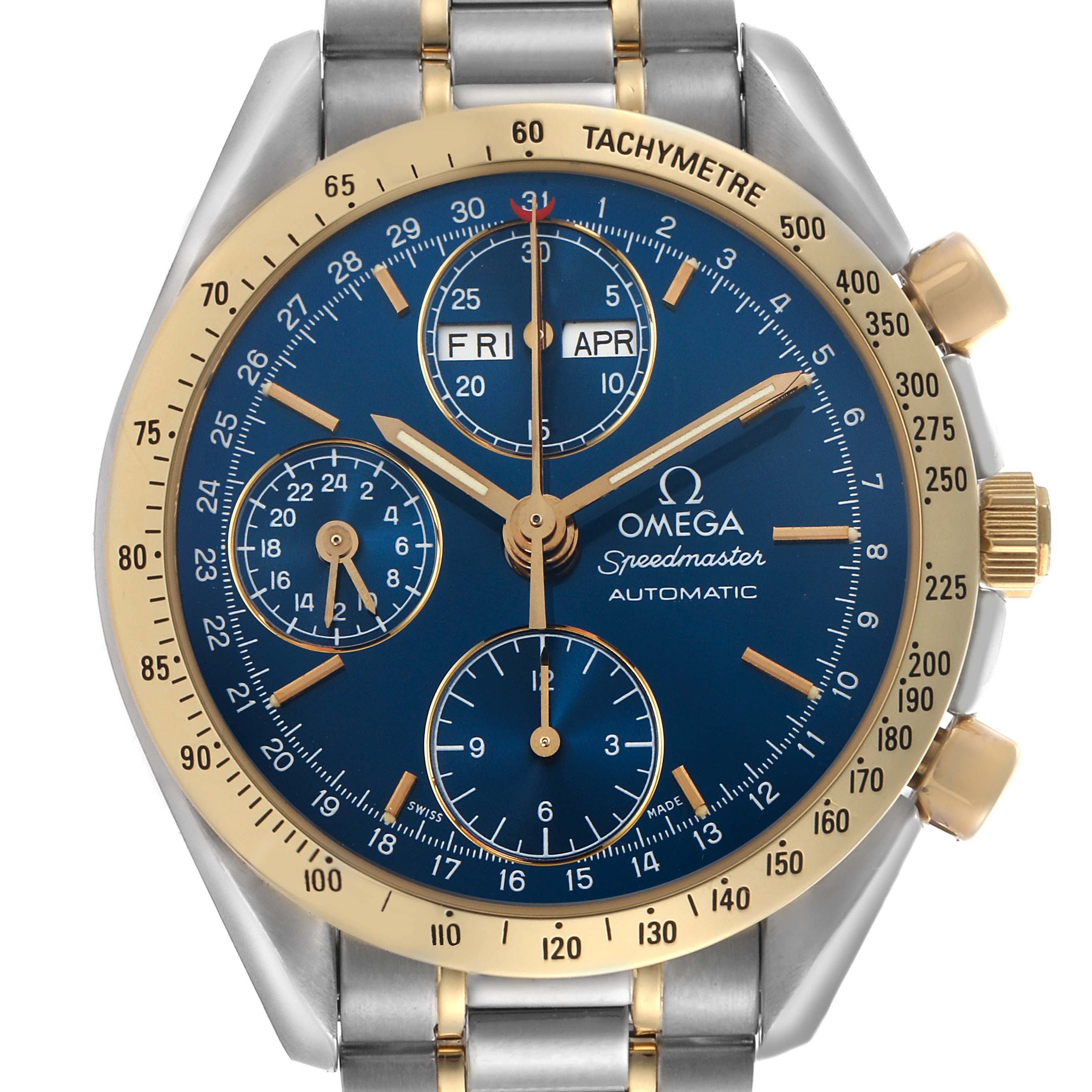 The Omega Speedmaster 3321.80.00 Men's Steel and Gold (two tone) Blue Dial 3321.80.00 Men's Steel and Gold (two tone) Blue Dial watch is shown from the front, highlighting its blue dial, gold bezel, subdials, and day-date feature.