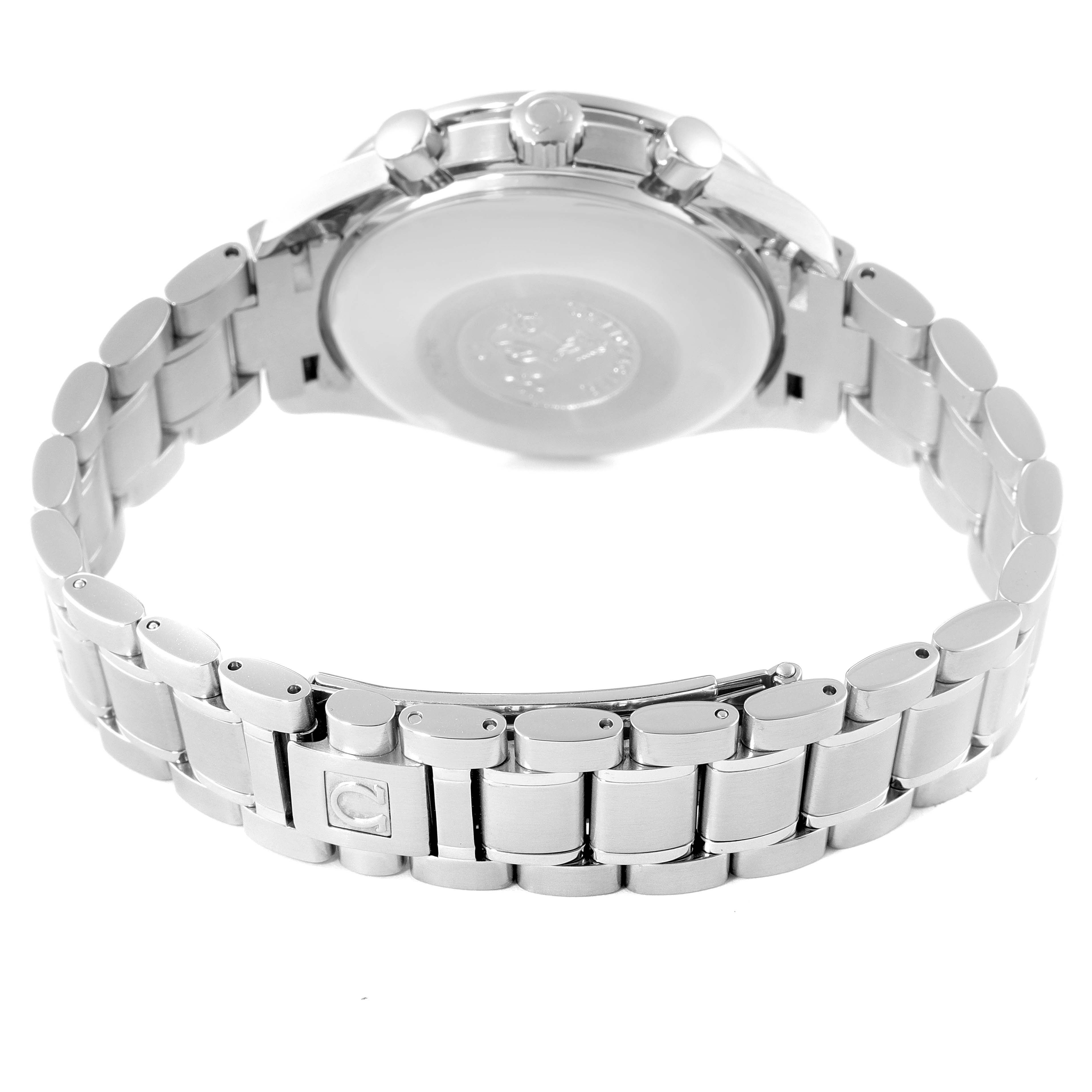 This image shows the back case, bracelet, and clasp of an Omega Speedmaster 3513.51.00 Men
s Stainless Steel Black Dial 3513.51.00 Men
s Stainless Steel Black Dial watch from a low rear angle.