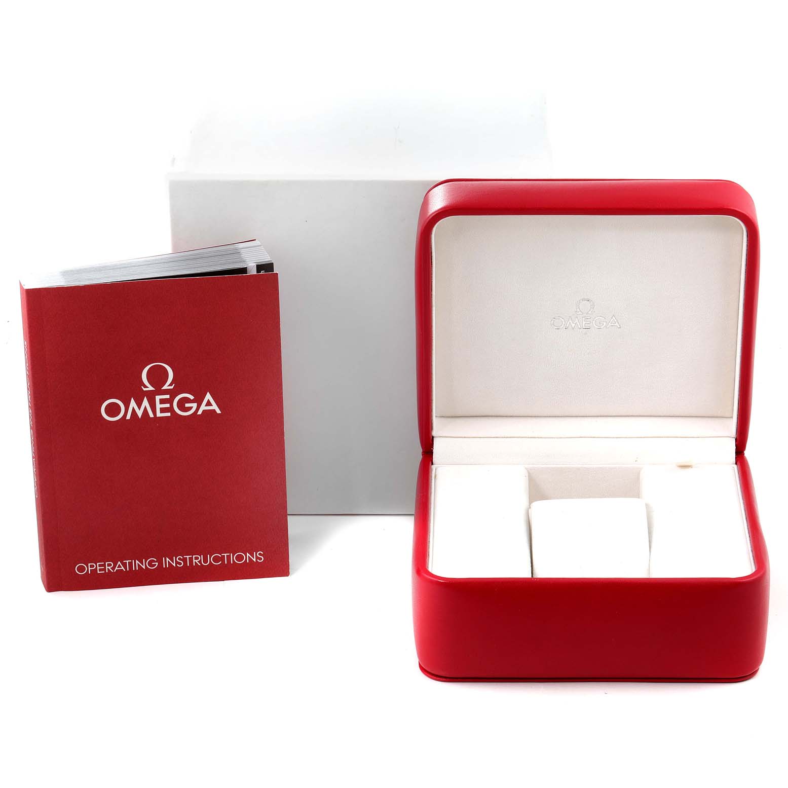 The image shows an Omega Speedmaster 3513.51.00 Men
s Stainless Steel Black Dial 3513.51.00 Men
s Stainless Steel Black Dial watch box, a white outer box, and an operating instructions manual.