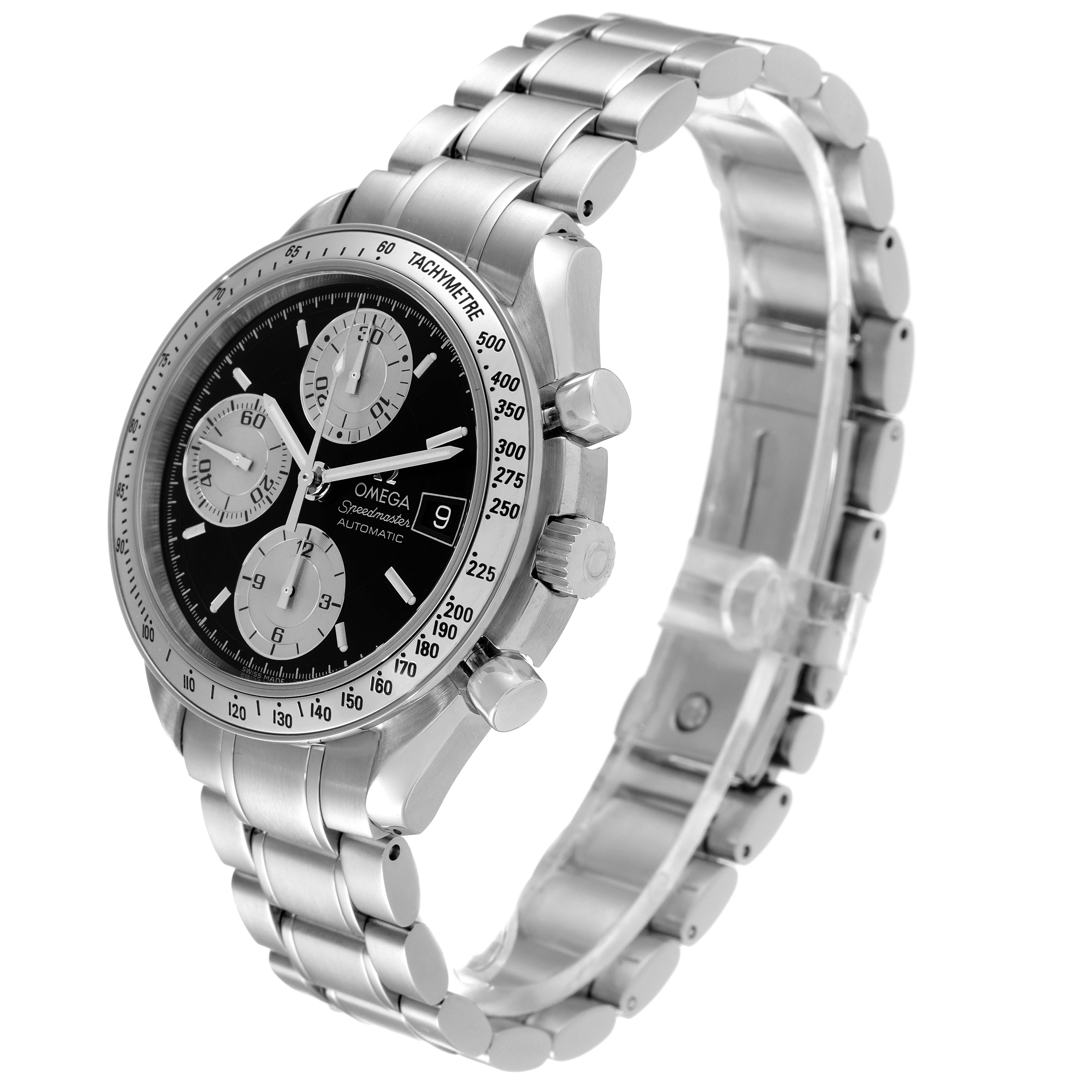 The image shows an Omega Speedmaster 3513.51.00 Men
s Stainless Steel Black Dial 3513.51.00 Men
s Stainless Steel Black Dial watch at a tilted side angle, displaying its face, tachymeter bezel, and stainless steel bracelet.