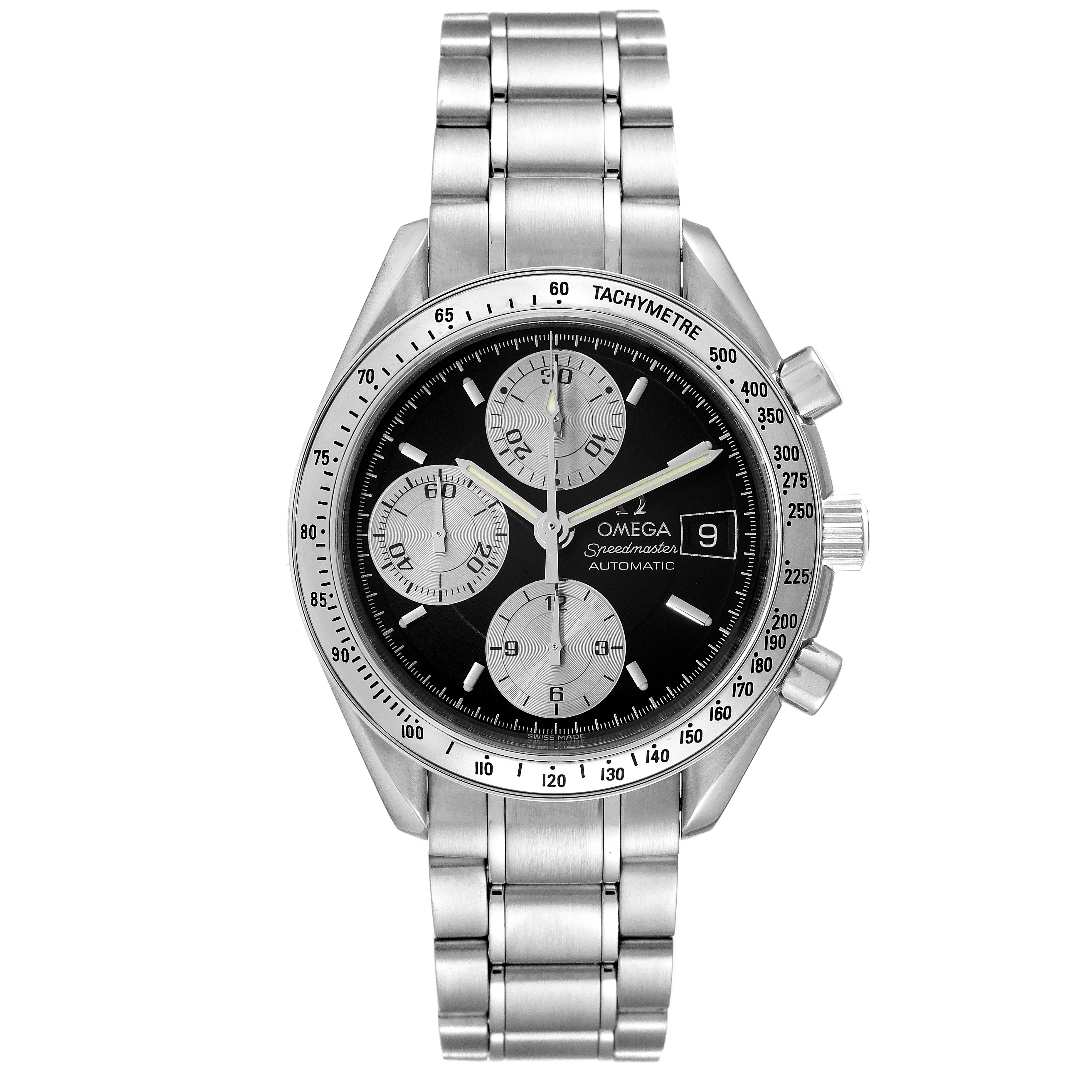 The image shows a frontal view of an Omega Speedmaster 3513.51.00 Men
s Stainless Steel Black Dial 3513.51.00 Men
s Stainless Steel Black Dial watch, showcasing its face, bezel, and stainless steel bracelet.