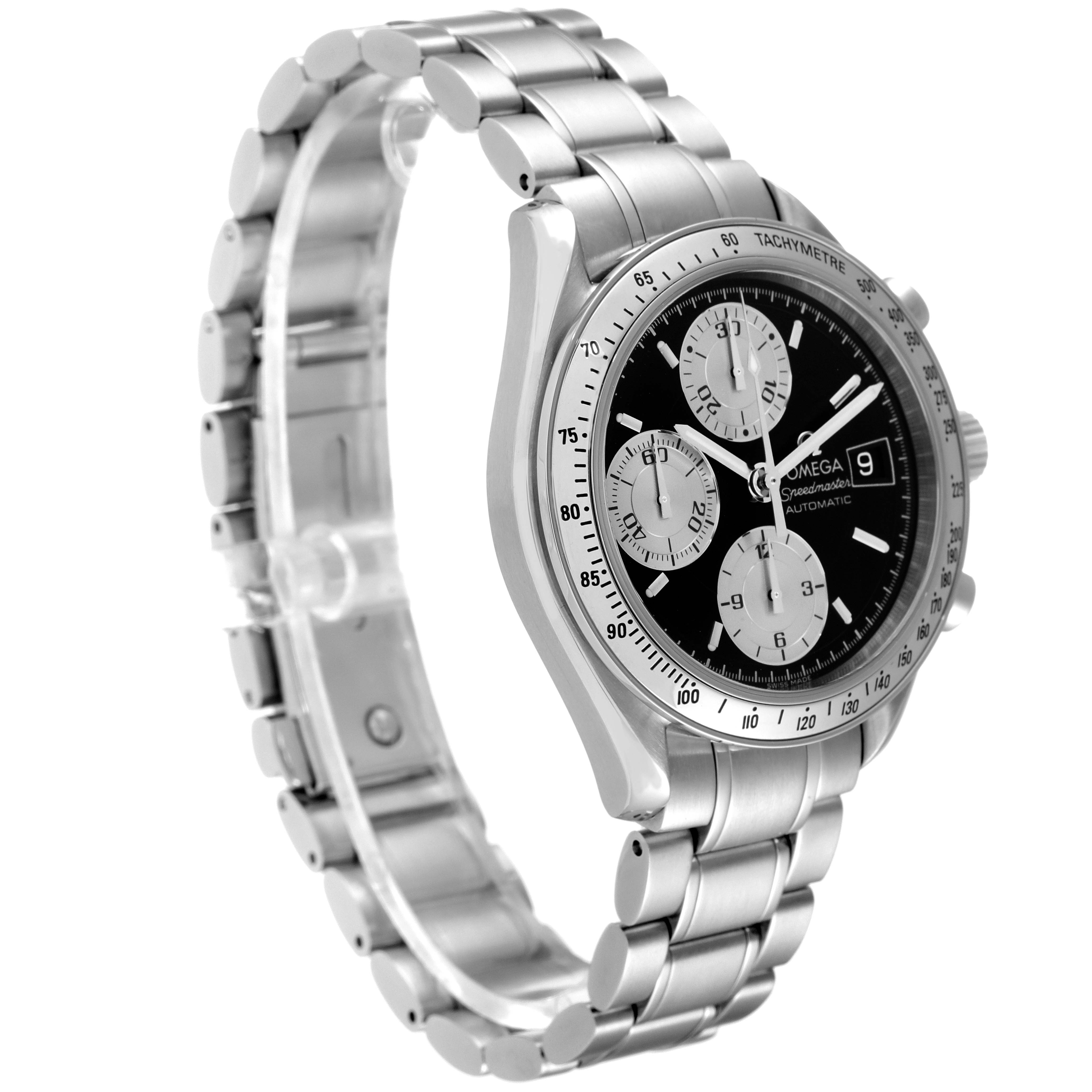 The image shows a side and front angle of the Omega Speedmaster 3513.51.00 Men
s Stainless Steel Black Dial 3513.51.00 Men
s Stainless Steel Black Dial watch, highlighting the bracelet, case, and dial with sub-dials.