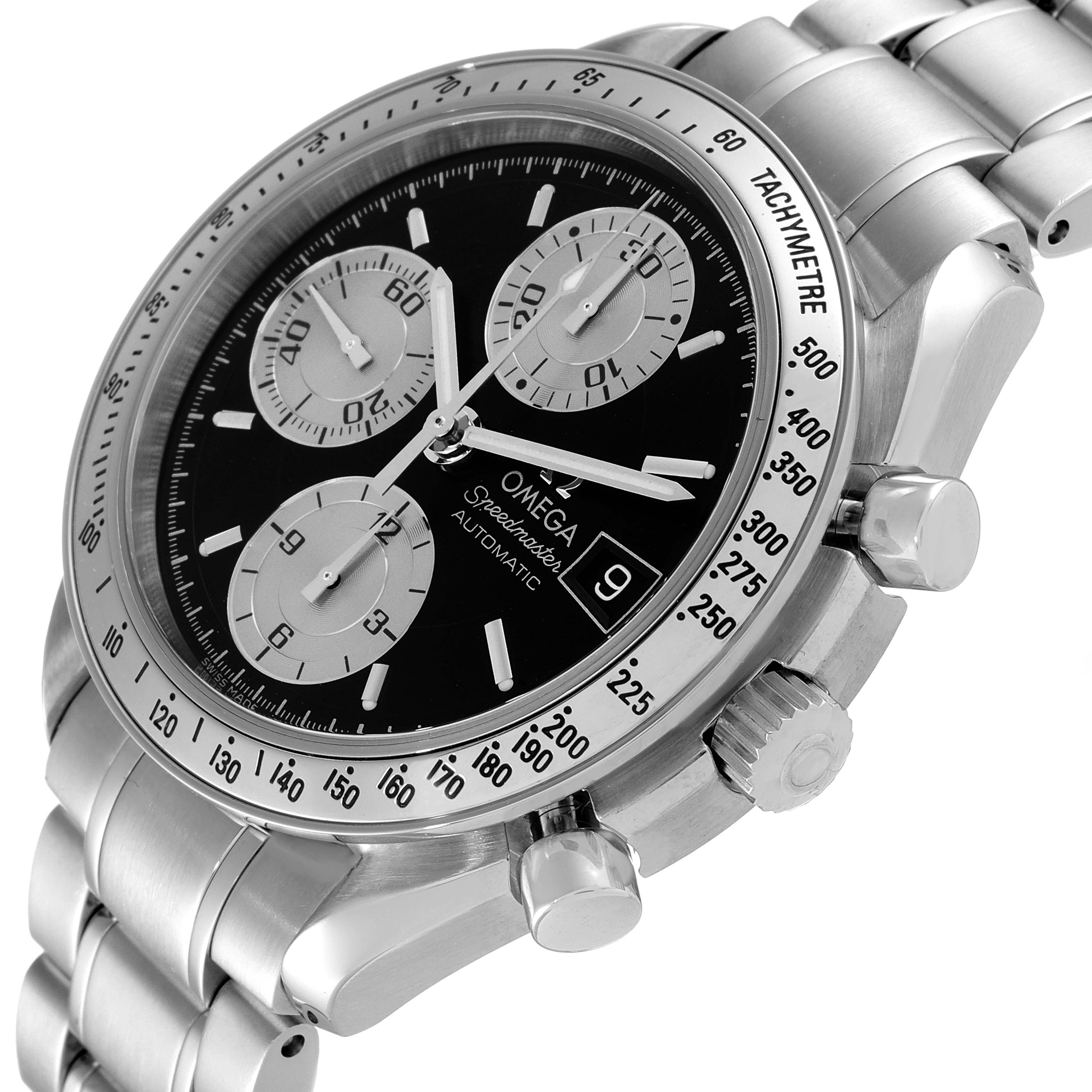 The Omega Speedmaster 3513.51.00 Men
s Stainless Steel Black Dial 3513.51.00 Men
s Stainless Steel Black Dial watch is shown from a side angle, highlighting the case, crown, tachymeter bezel, and bracelet.