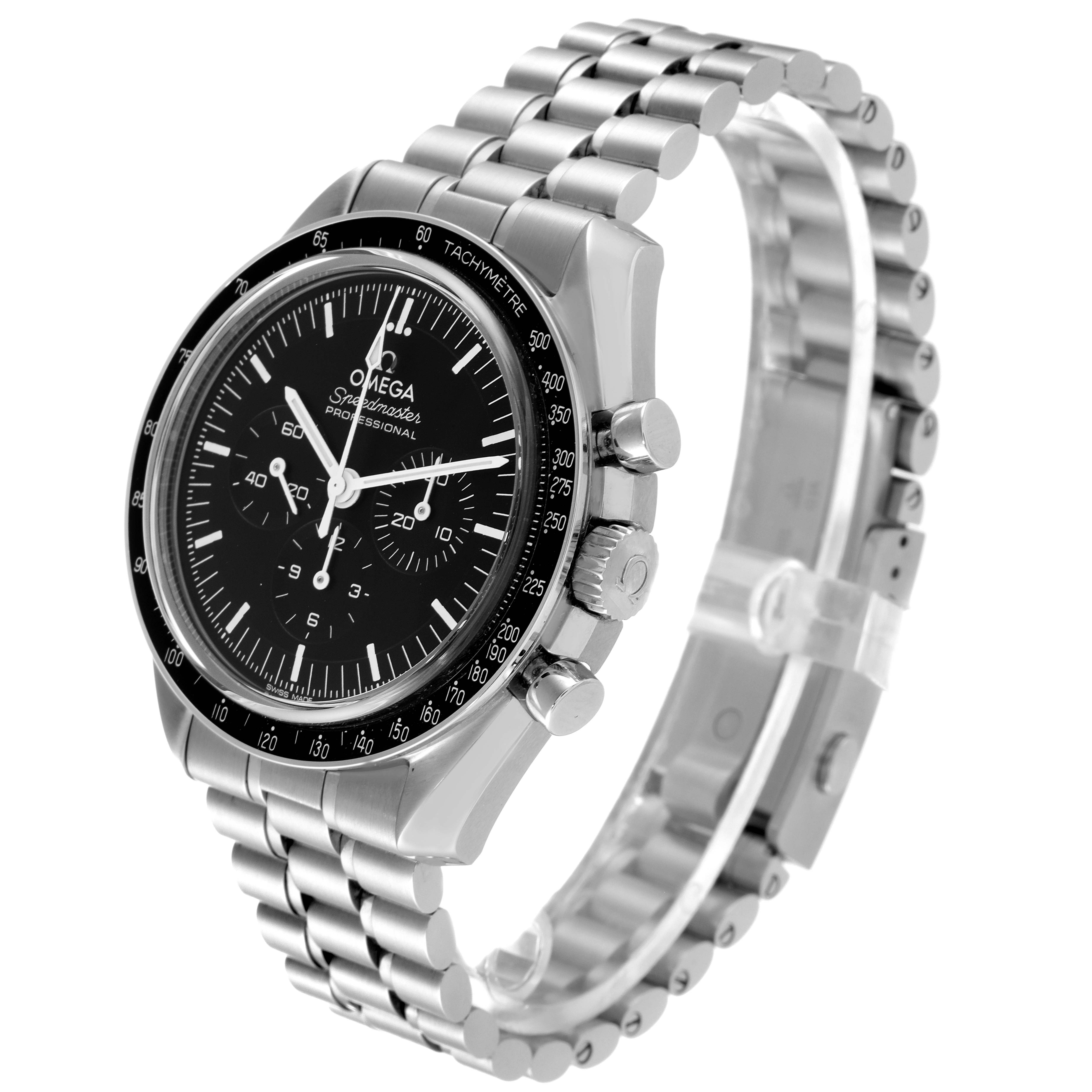 The image shows an Omega Speedmaster 310.30.42.50.01.002 Men
s Stainless Steel Black Dial 310.30.42.50.01.002 Men
s Stainless Steel Black Dial watch at an angle highlighting the face, bezel, crown, pushers, and metal bracelet.