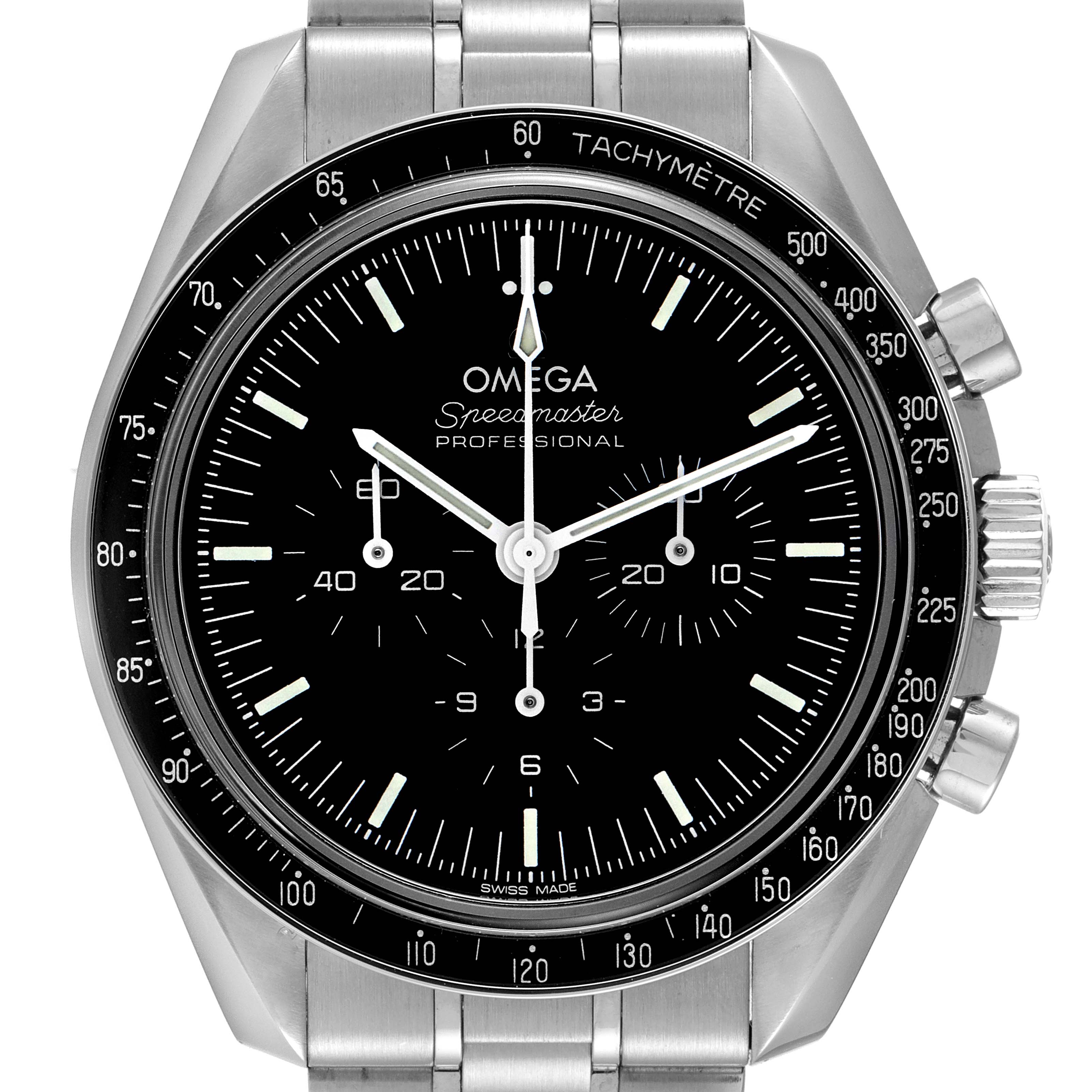 This image shows a front view of the Omega Speedmaster 310.30.42.50.01.002 Men
s Stainless Steel Black Dial 310.30.42.50.01.002 Men
s Stainless Steel Black Dial, highlighting its dial, tachymeter bezel, and crown.