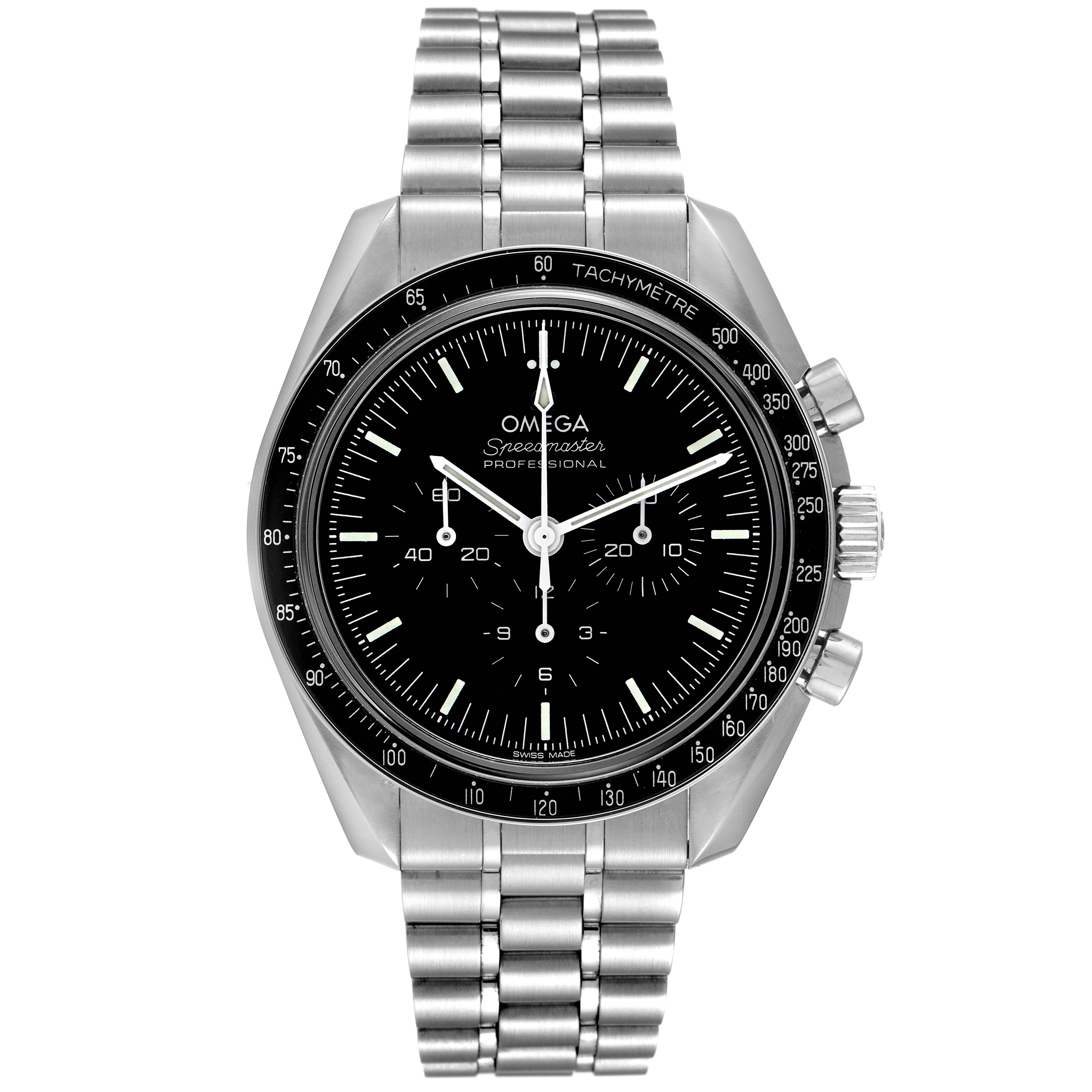 This image shows a front view of an Omega Speedmaster 310.30.42.50.01.002 Men
s Stainless Steel Black Dial 310.30.42.50.01.002 Men
s Stainless Steel Black Dial watch, displaying its face, crown, pushers, and stainless steel bracelet.