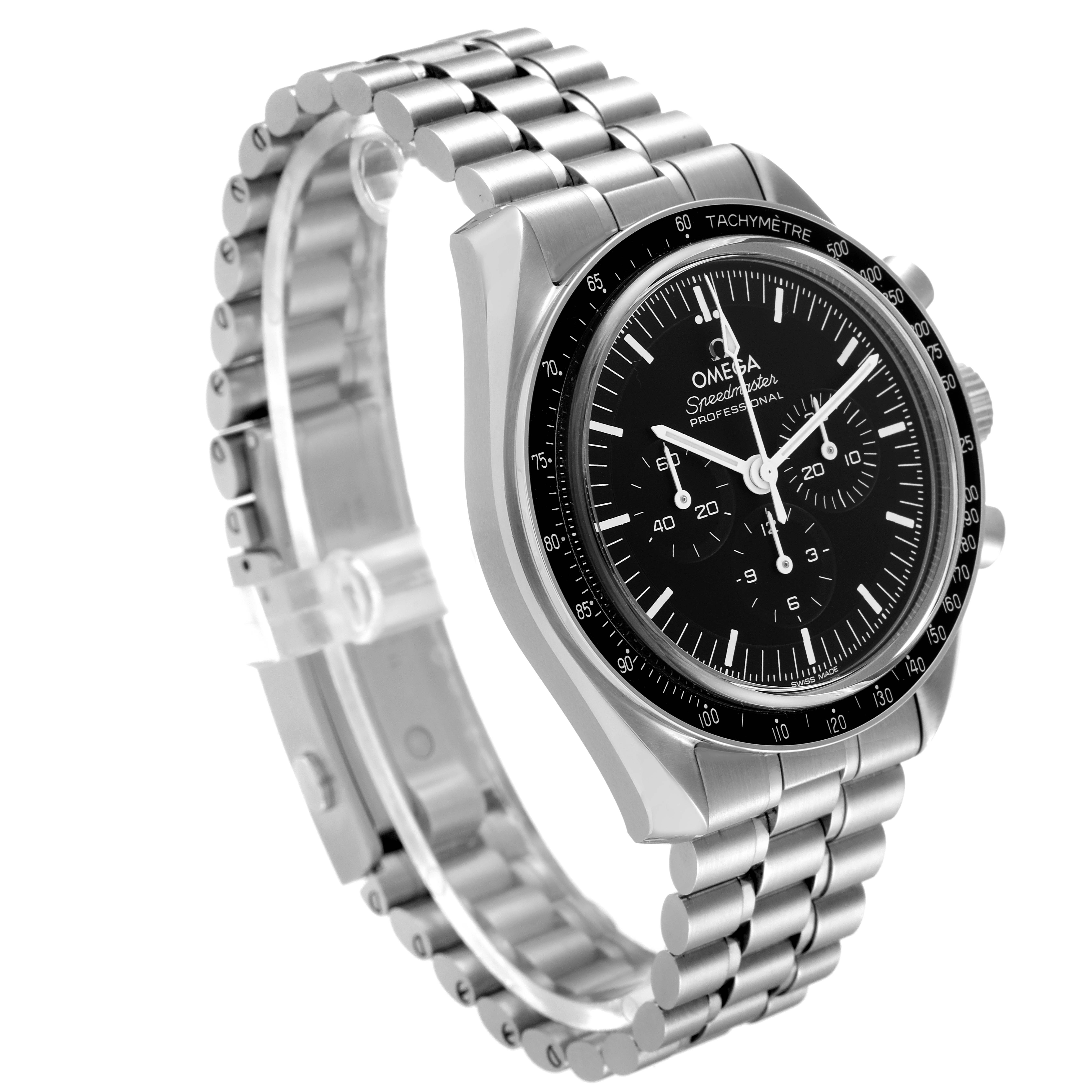 The image shows an Omega Speedmaster 310.30.42.50.01.002 Men
s Stainless Steel Black Dial 310.30.42.50.01.002 Men
s Stainless Steel Black Dial watch at a slight angle, highlighting the black dial, tachymeter bezel, and stainless steel bracelet.