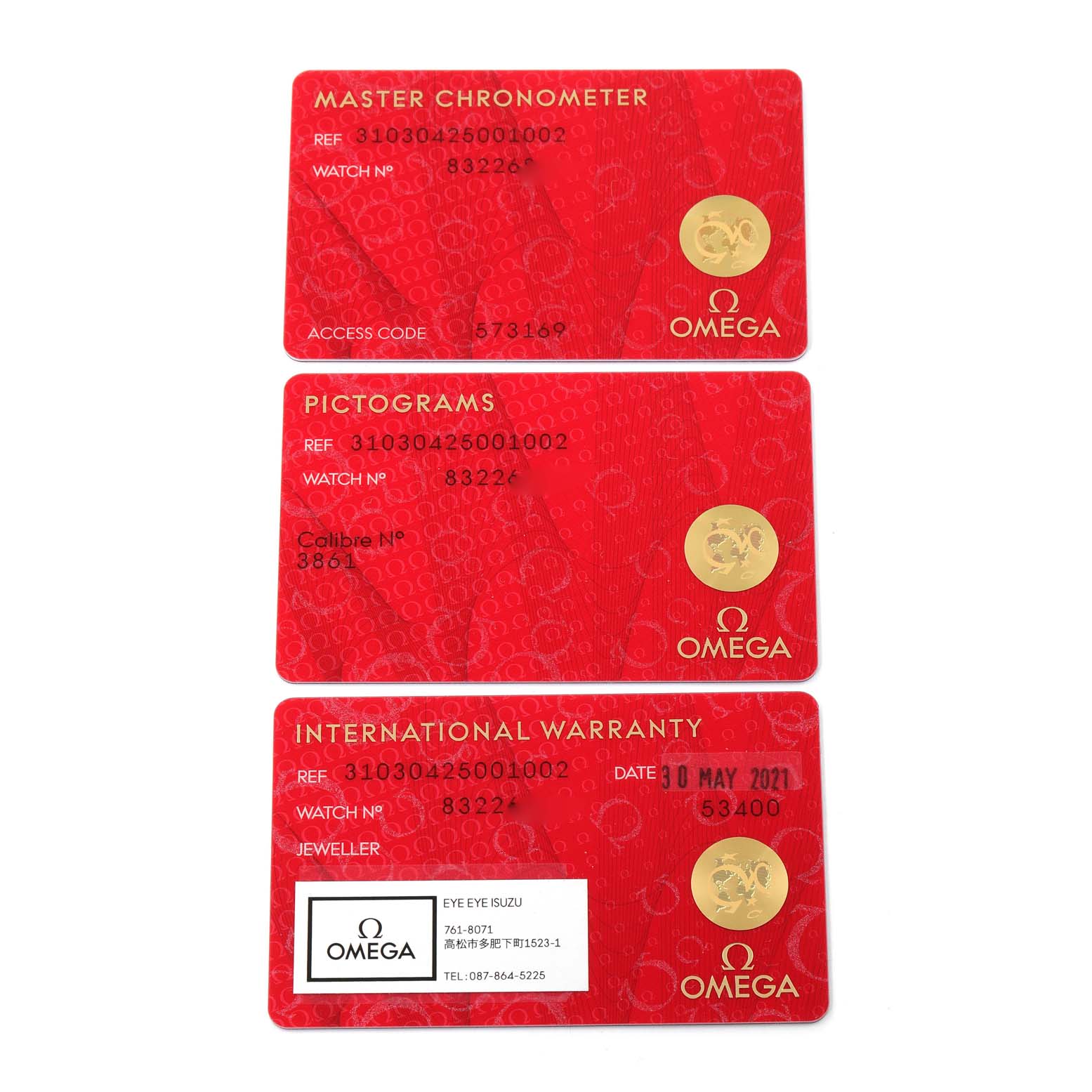 The image shows three red Best Quality
ation and warranty cards for an Omega Speedmaster 310.30.42.50.01.002 Men
s Stainless Steel Black Dial 310.30.42.50.01.002 Men
s Stainless Steel Black Dial watch.