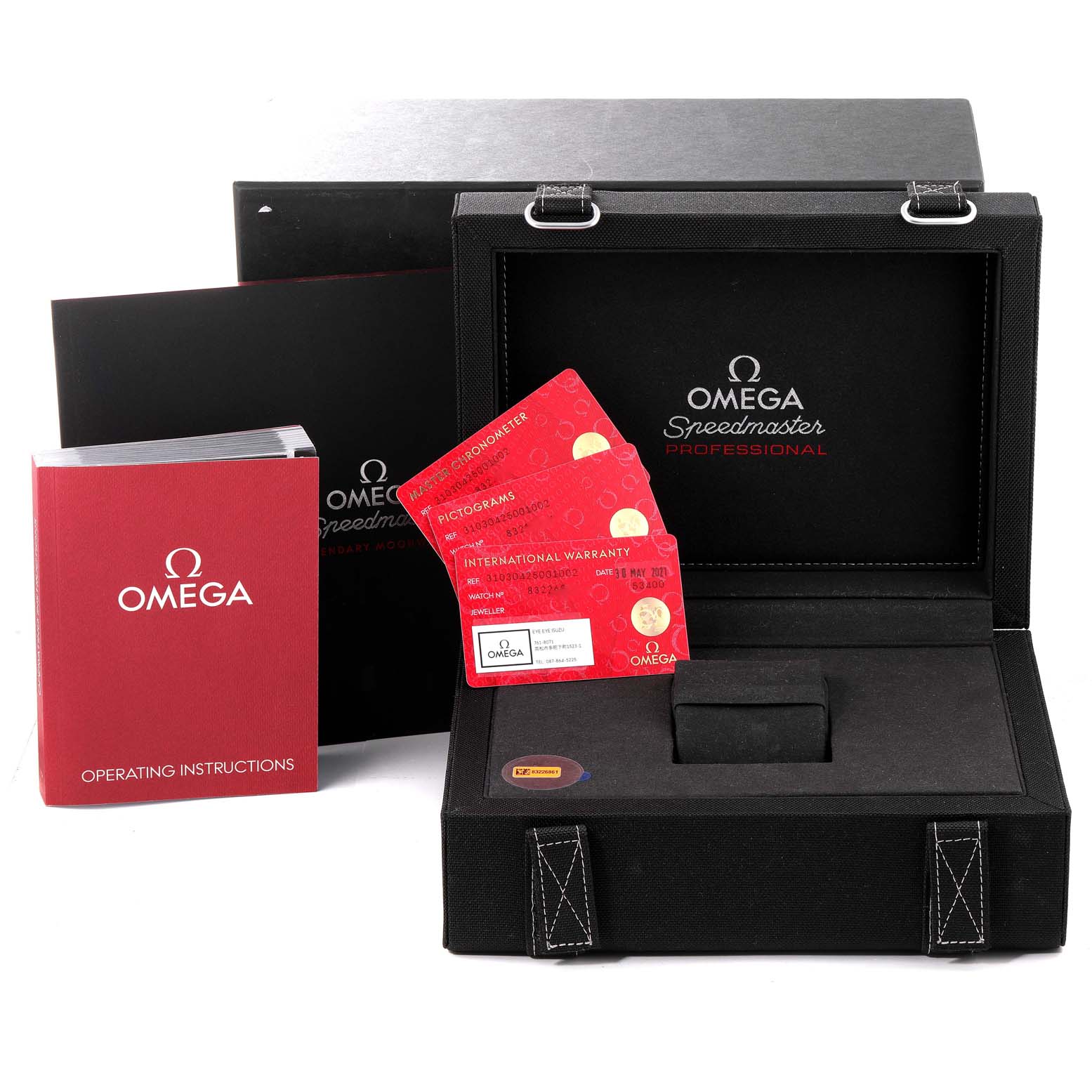 The image shows an Omega Speedmaster 310.30.42.50.01.002 Men
s Stainless Steel Black Dial 310.30.42.50.01.002 Men
s Stainless Steel Black Dial watch box, with operating instructions and warranty cards.