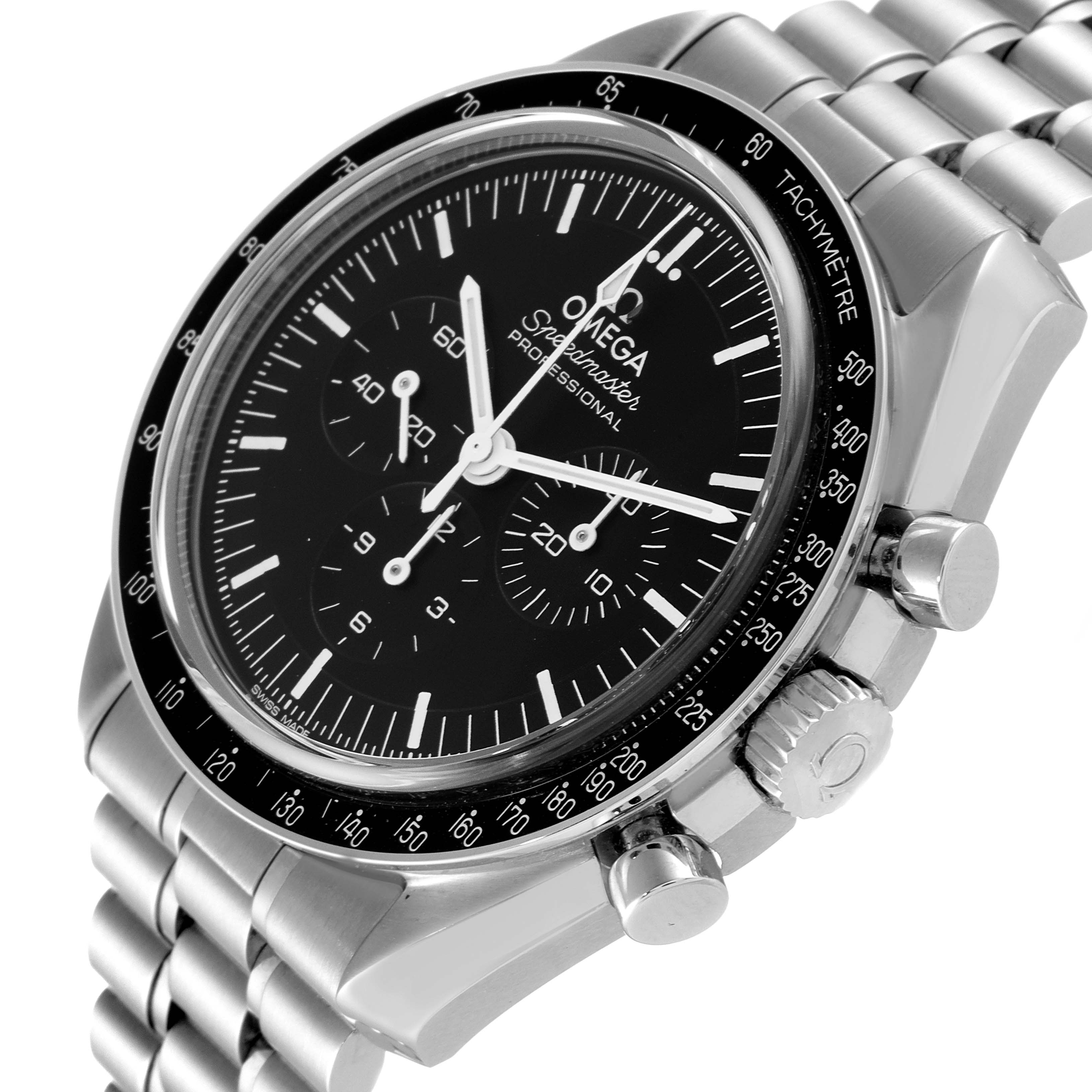 The image shows an angled close-up of the Omega Speedmaster 310.30.42.50.01.002 Men
s Stainless Steel Black Dial 310.30.42.50.01.002 Men
s Stainless Steel Black Dial watch, highlighting the tachymeter bezel, crown, pushers, and bracelet.