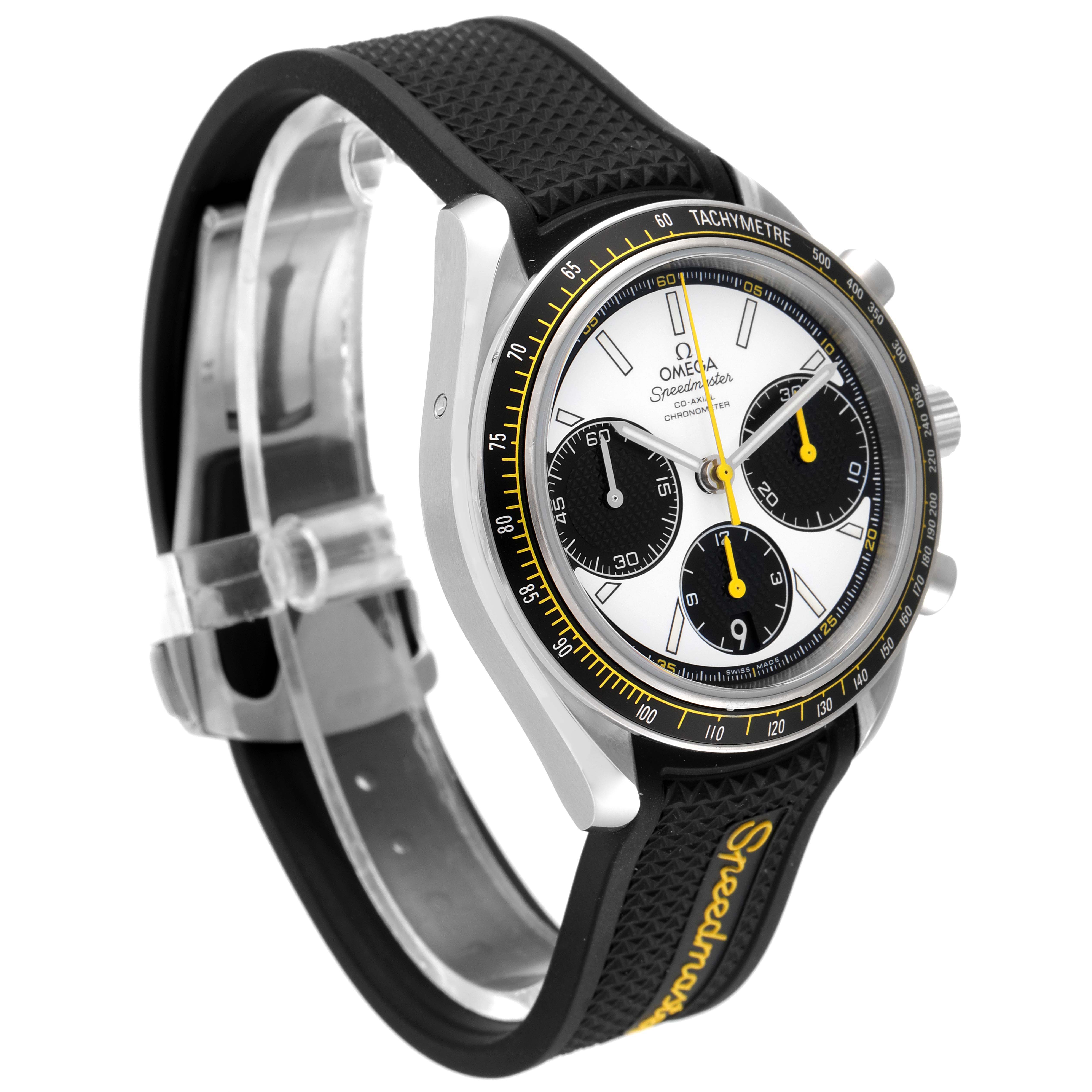 The image shows a side angle of an Omega Speedmaster 326.32.40.50.04.001 Men
s Stainless Steel White Dial 326.32.40.50.04.001 Men
s Stainless Steel White Dial watch, highlighting its dial, bezel, and strap.