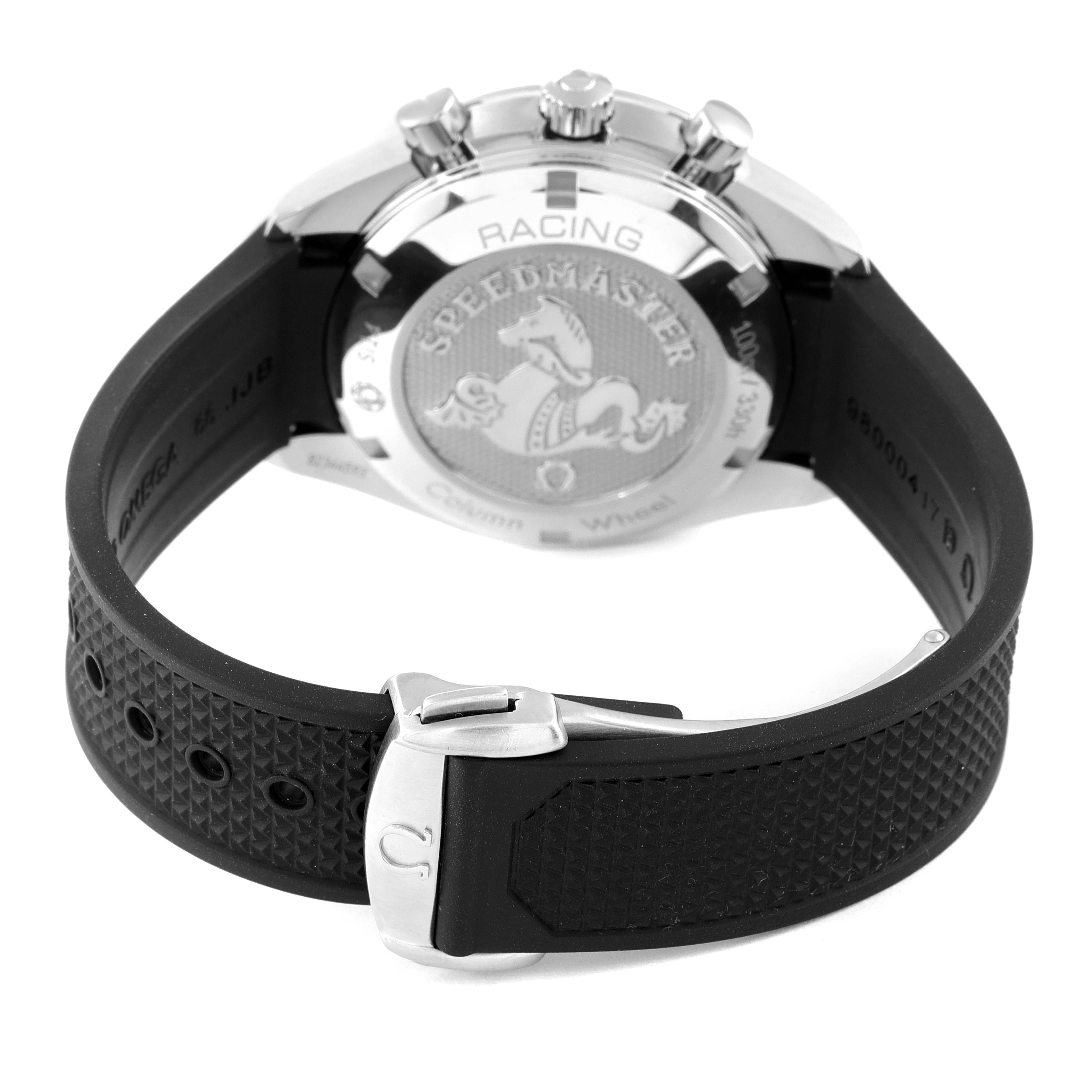 The image shows a rear view of an Omega Speedmaster 326.32.40.50.04.001 Men
s Stainless Steel White Dial 326.32.40.50.04.001 Men
s Stainless Steel White Dial watch, highlighting the case back, pushers, and part of the black strap with the Omega logo on the clasp.