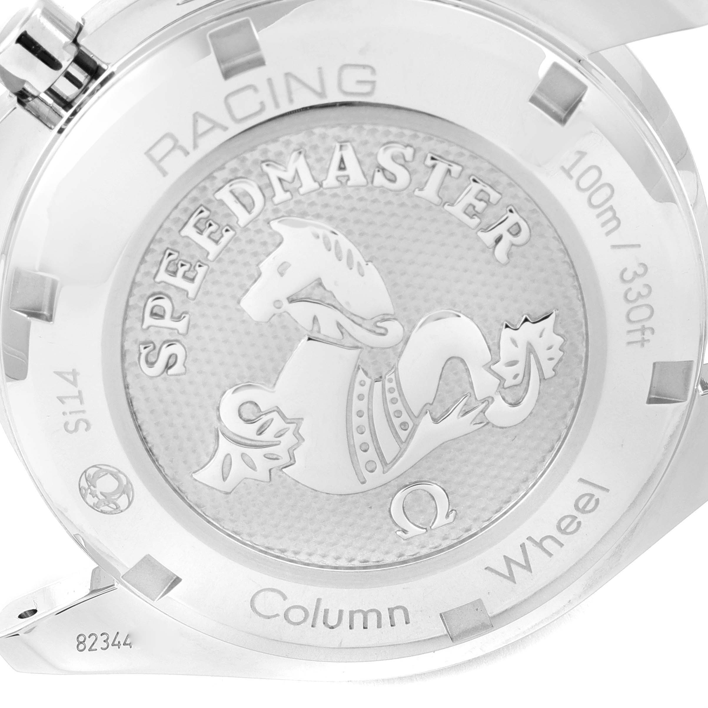 The image shows the back case of an Omega Speedmaster 326.32.40.50.04.001 Men
s Stainless Steel White Dial 326.32.40.50.04.001 Men
s Stainless Steel White Dial watch, displaying the logo, water resistance, and several engravings.